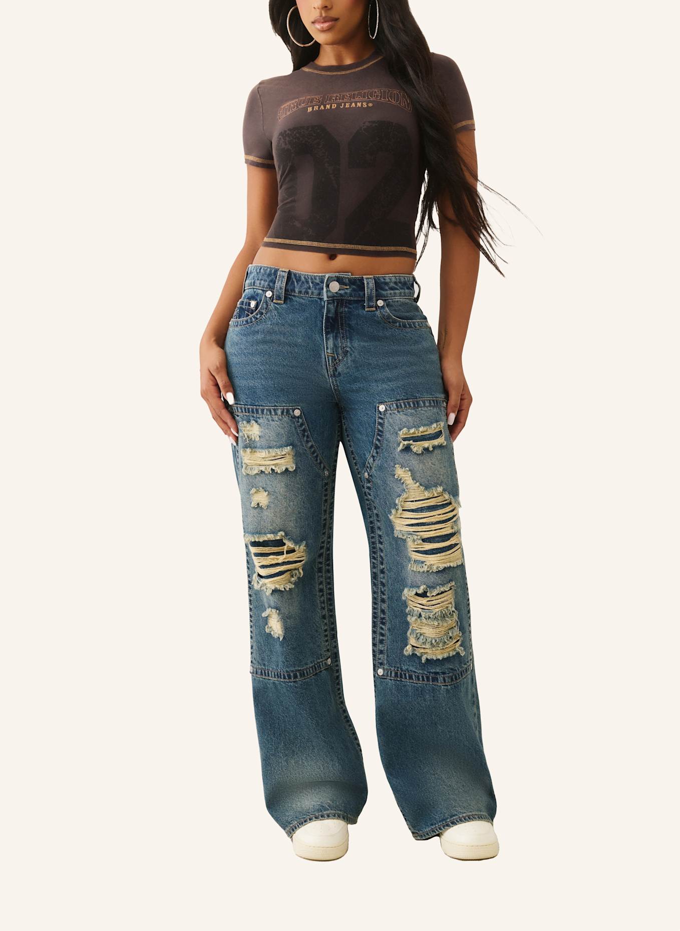 TRUE RELIGION T-Shirt Cropped: SCHWARZ/ BRAUN