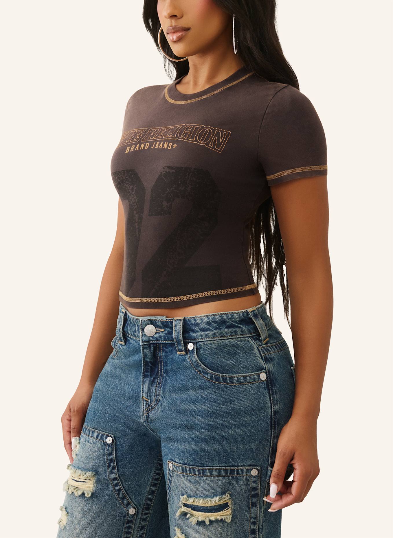 TRUE RELIGION T-Shirt Cropped: SCHWARZ/ BRAUN