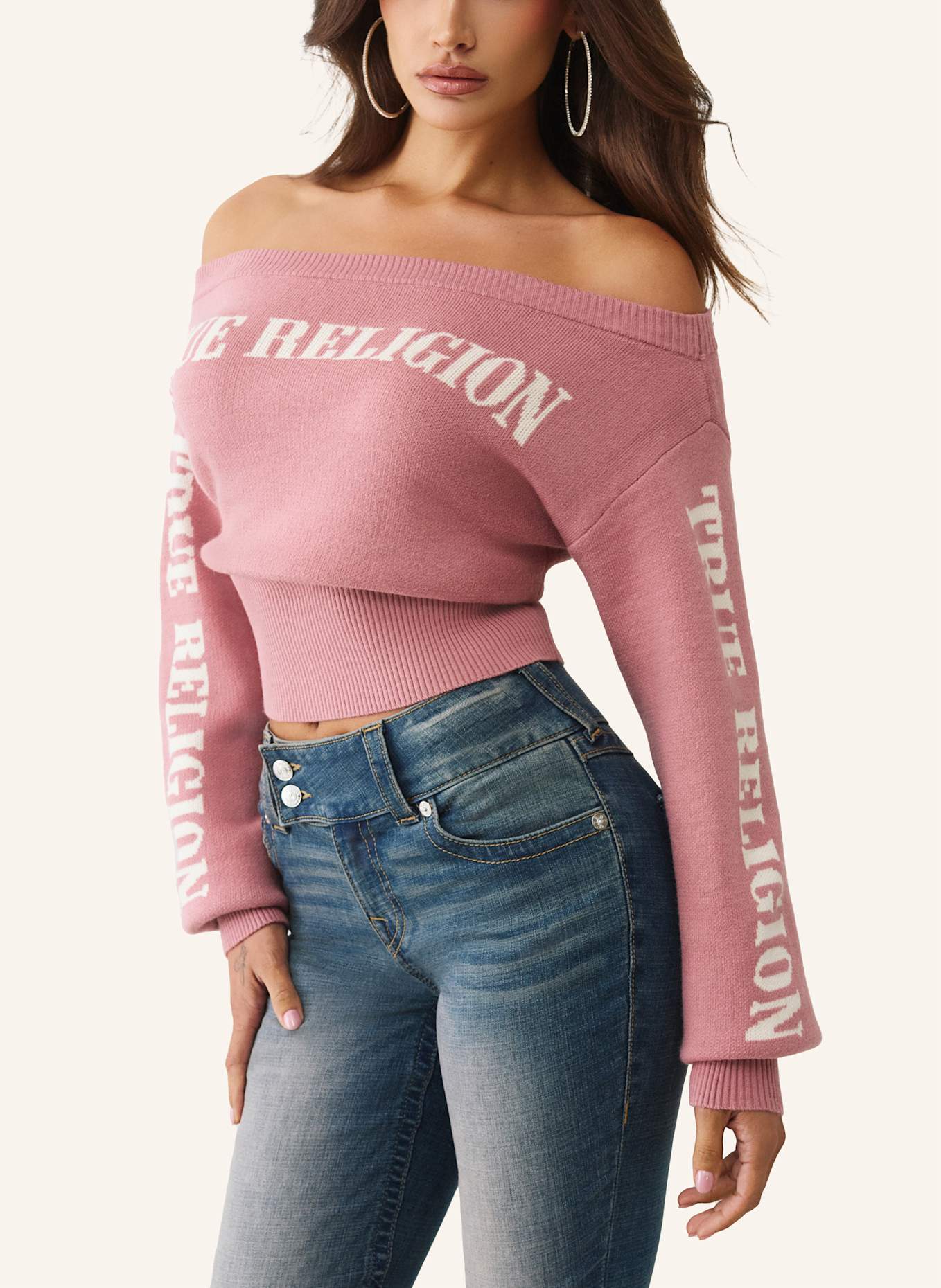 TRUE RELIGION Pullover Schulterfrei: ALTROSA