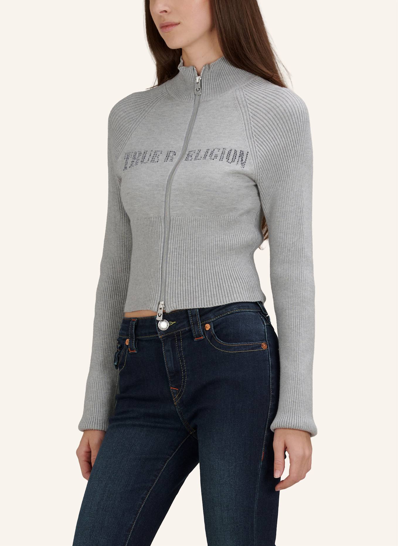 TRUE RELIGION Zip-Sweater CRYSTAL: GRAU
