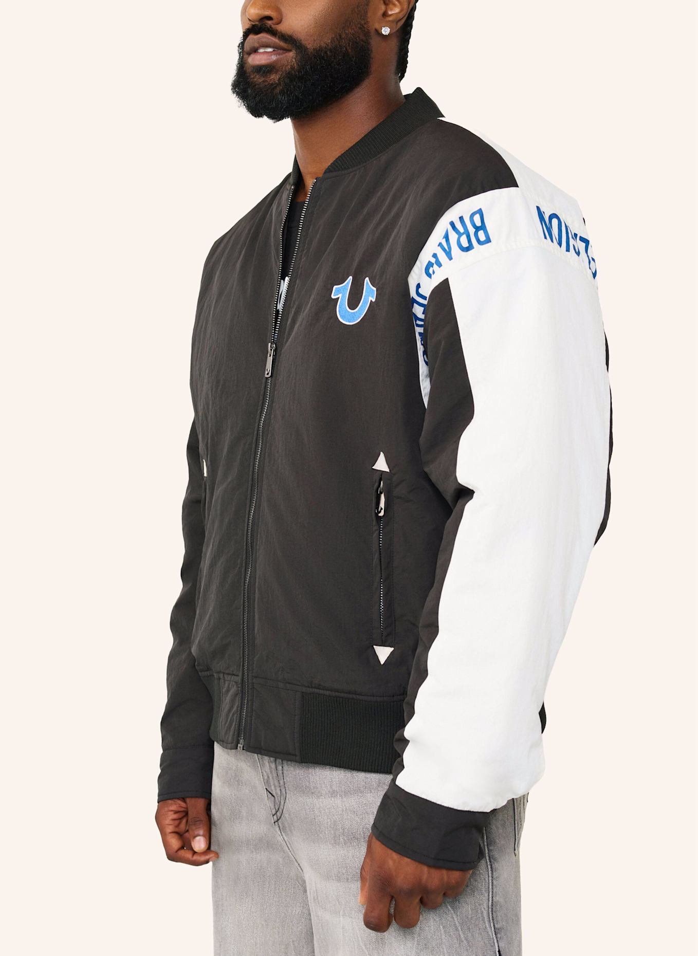 TRUE RELIGION Chopper JACKE: SCHWARZ/ WEISS