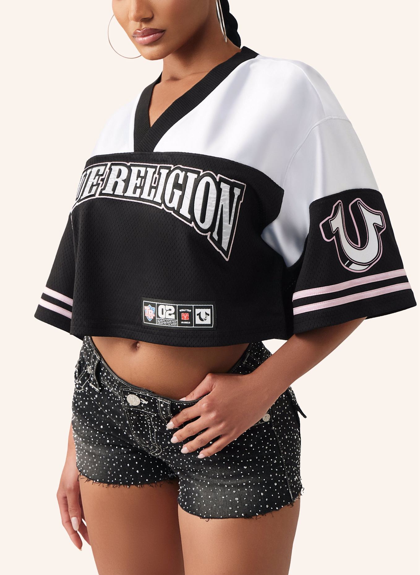 TRUE RELIGION Jersey-Shirt CRYSTAL: SCHWARZ/ WEISS