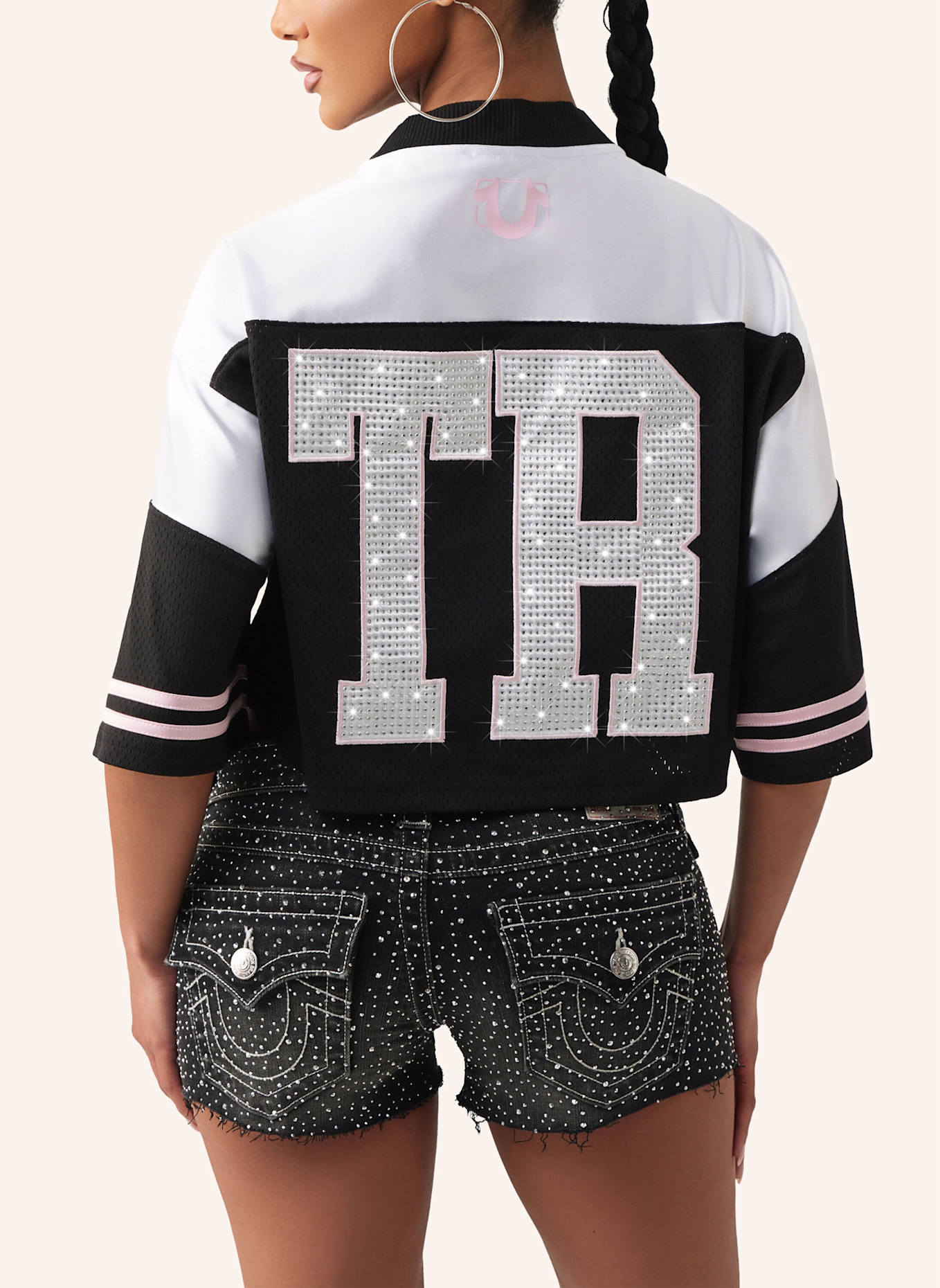 TRUE RELIGION Jersey-Shirt CRYSTAL: SCHWARZ/ WEISS