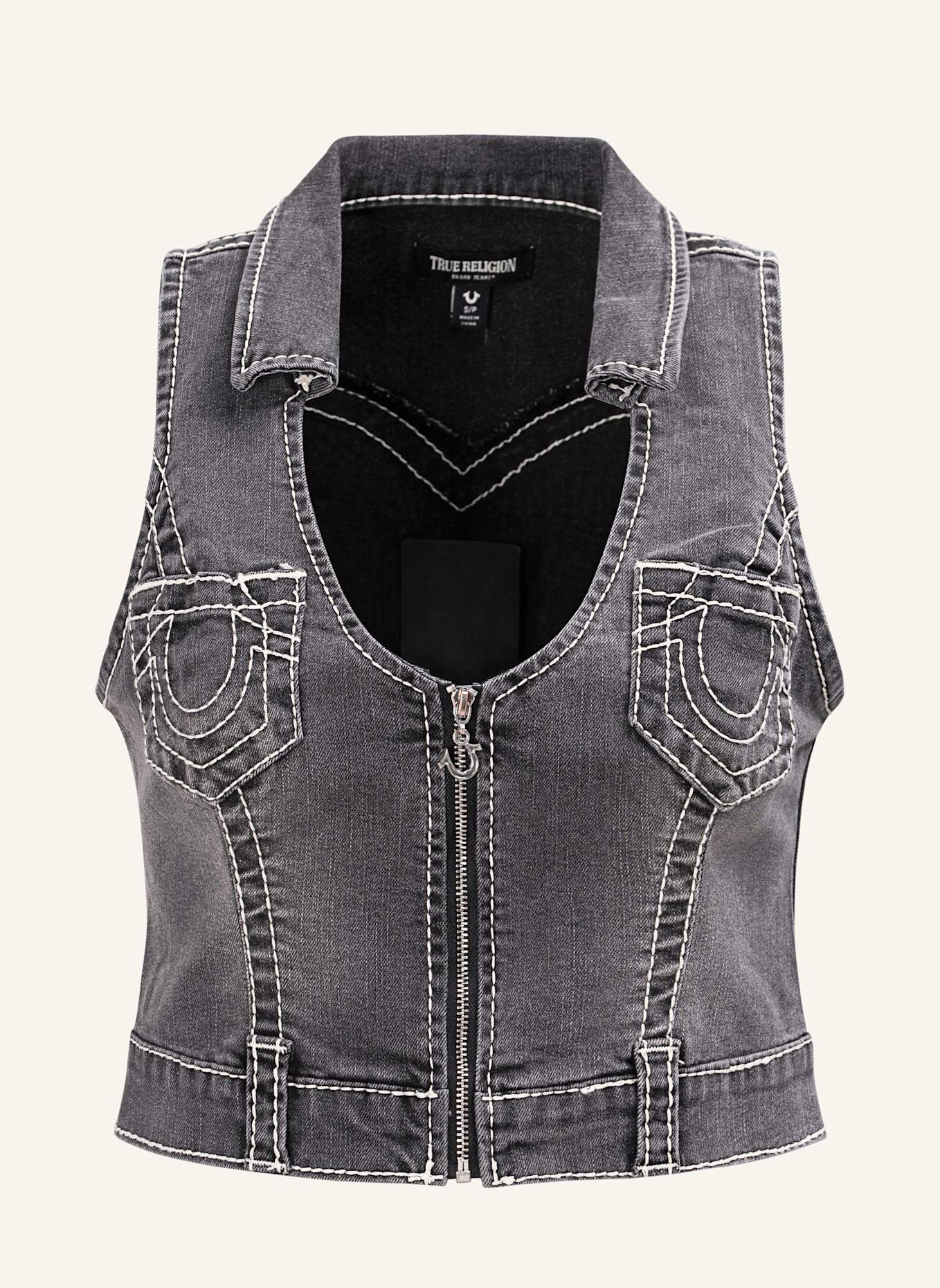 TRUE RELIGION Top ZIP FRONT: SCHWARZ/ GRAU