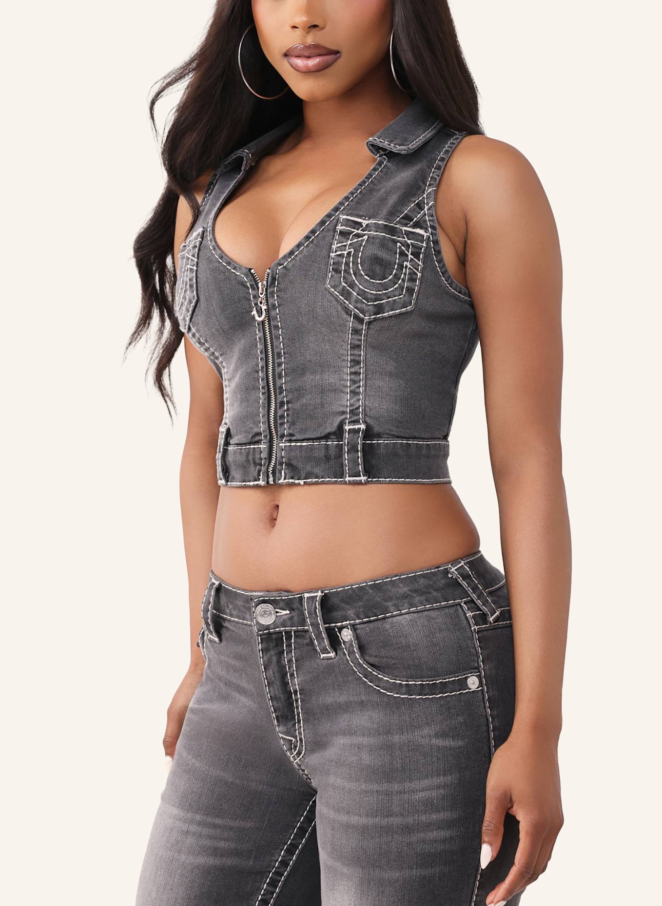 TRUE RELIGION Top ZIP FRONT: SCHWARZ/ GRAU