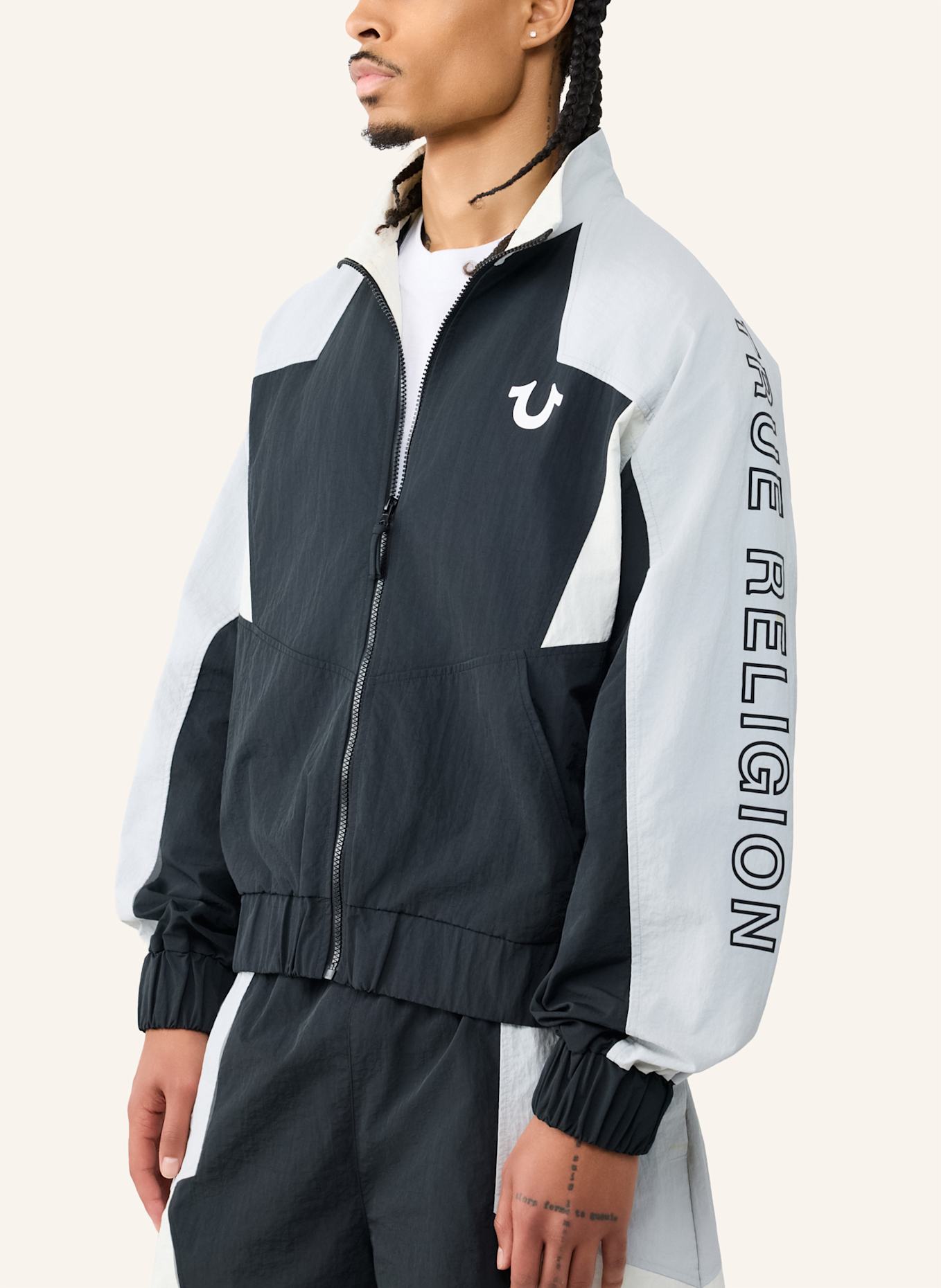 TRUE RELIGION Track-Jacke COLORBLOCKING: SCHWARZ