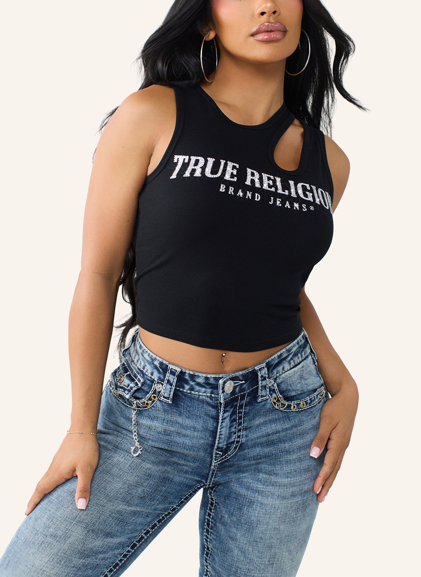 TRUE RELIGION Top Cut Out: SCHWARZ