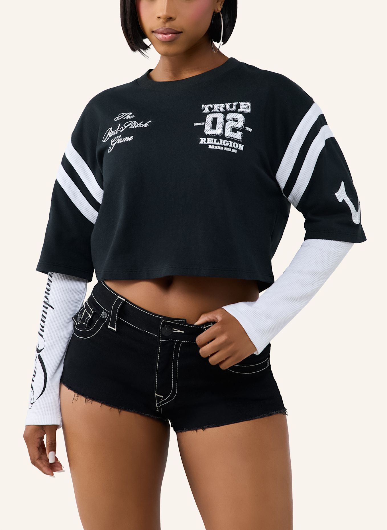 TRUE RELIGION Langarmshirt CRYSTAL: SCHWARZ / WEISS
