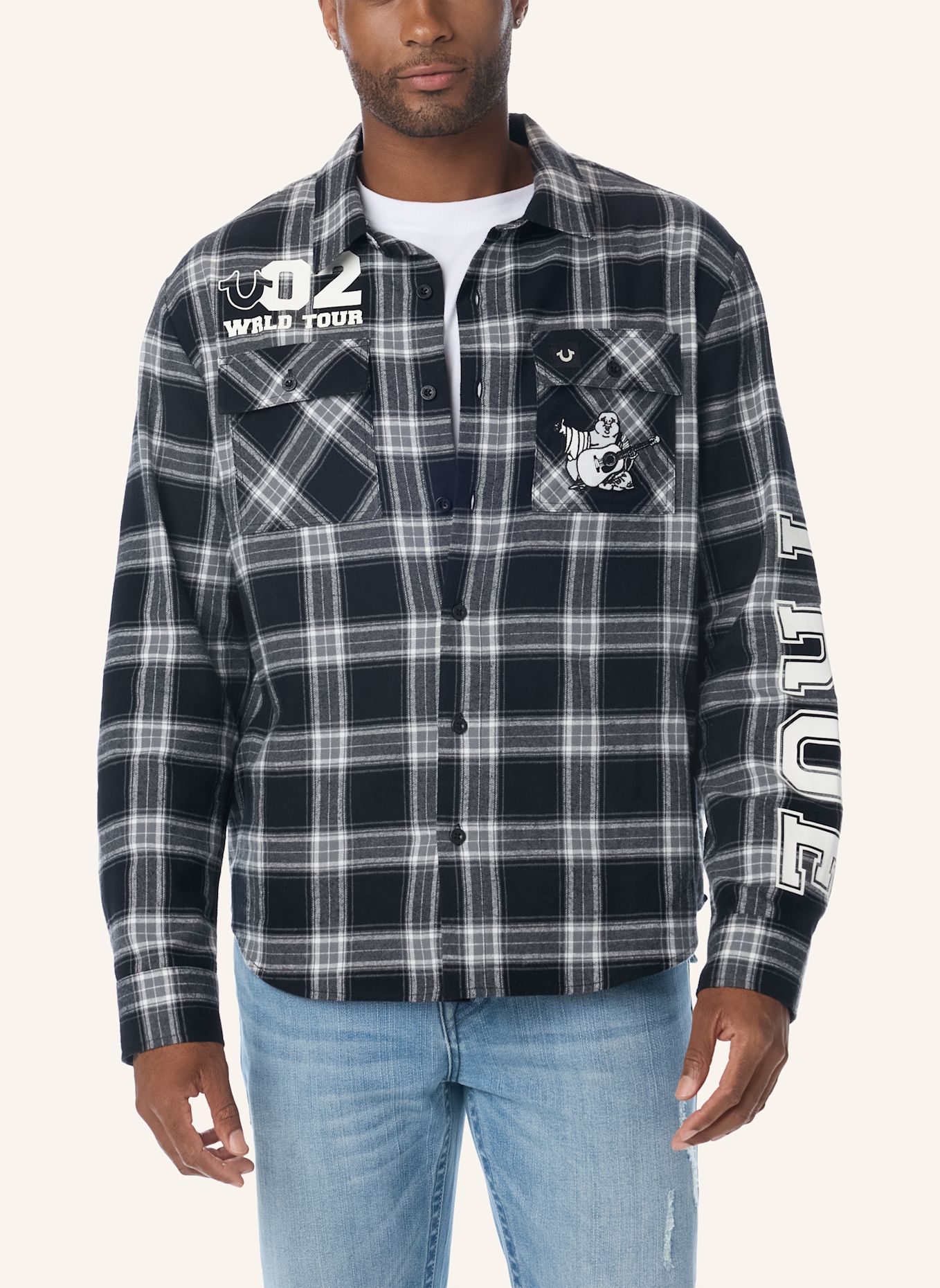 TRUE RELIGION Flannell Hemd: SCHWARZ / WEISS