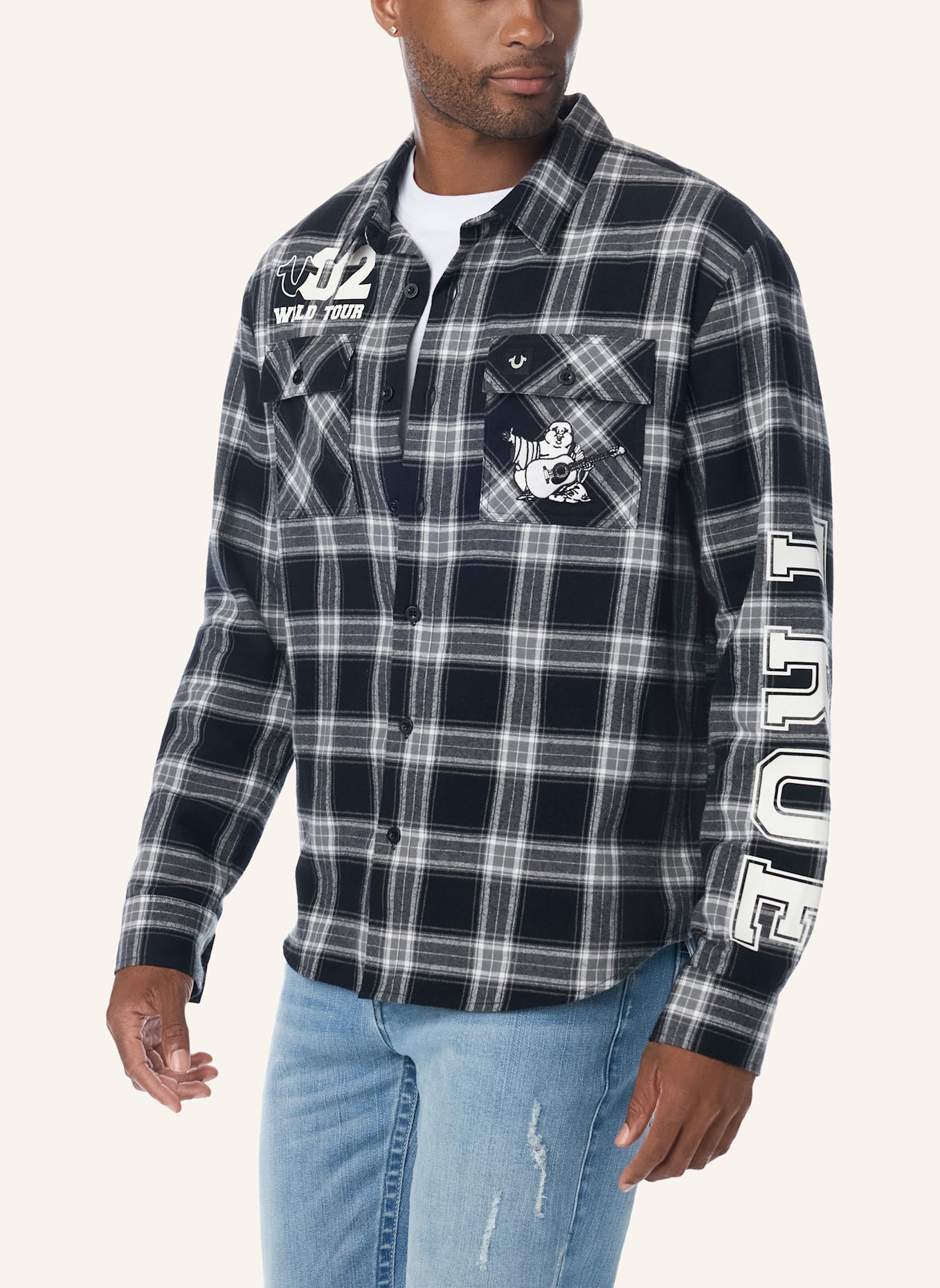 TRUE RELIGION Flannell Hemd: SCHWARZ/ WEISS