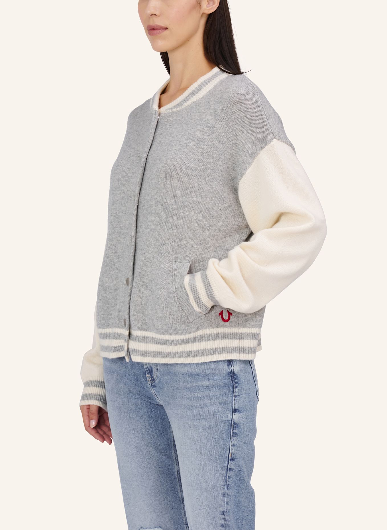 TRUE RELIGION Strick Bomber-Jacke CHUNKY: GRAU