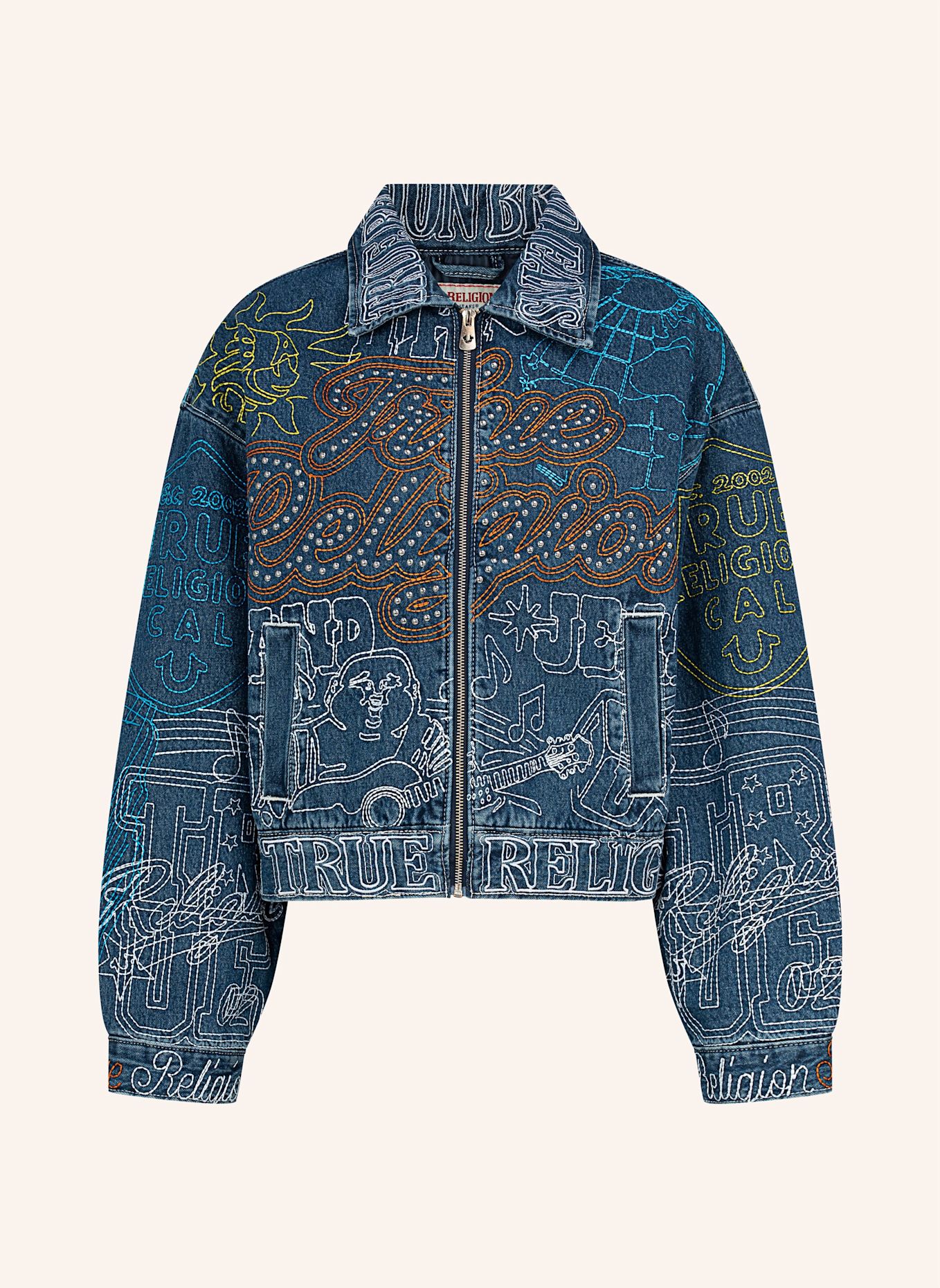 TRUE RELIGION Bestickte Jeansjacke: BLAU