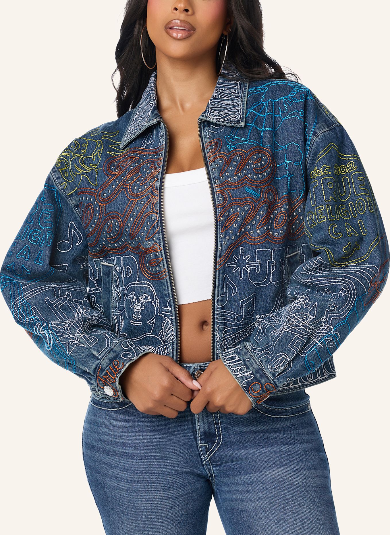 TRUE RELIGION Bestickte Jeansjacke: BLAU