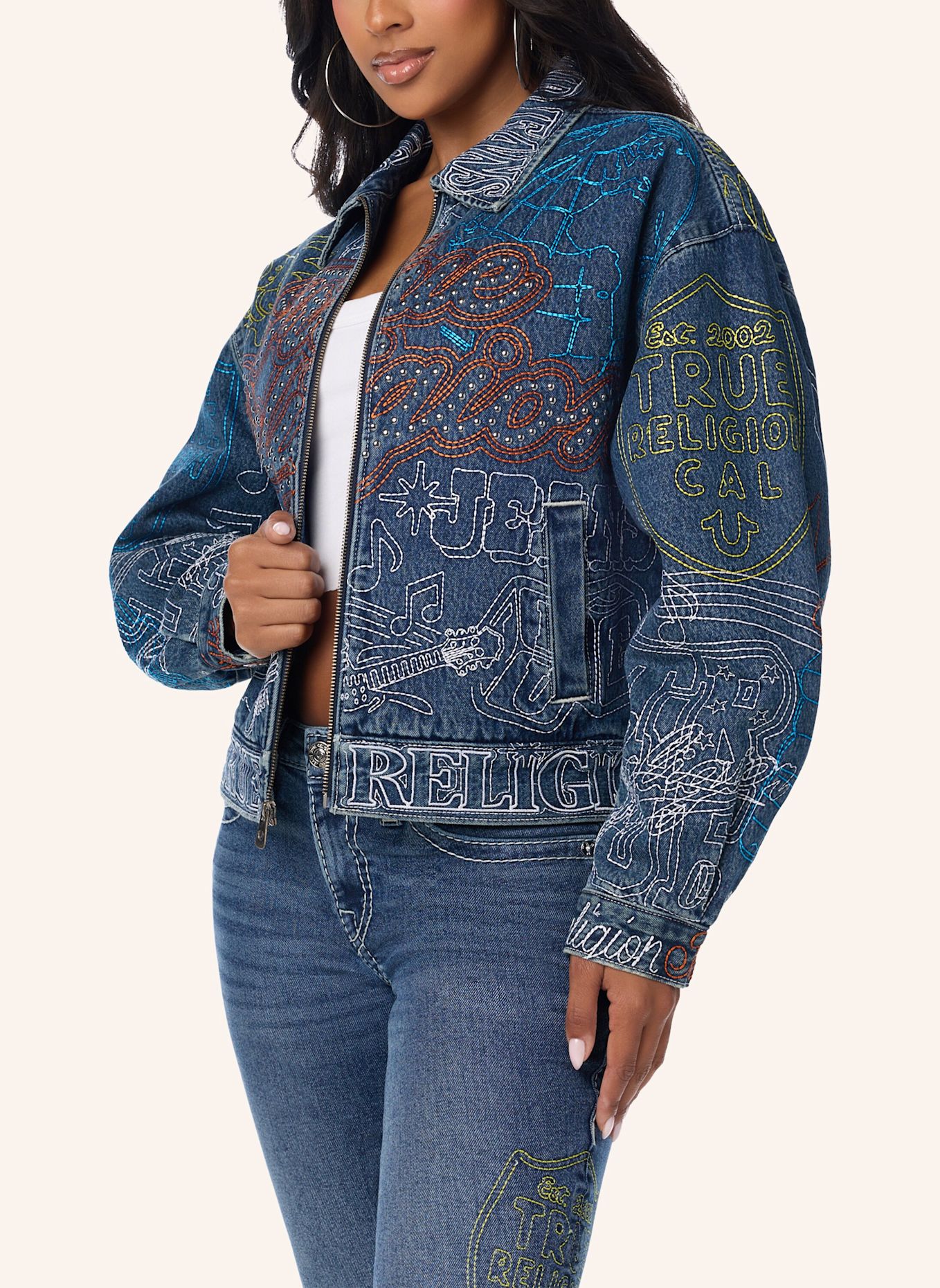 TRUE RELIGION Bestickte Jeansjacke: BLAU