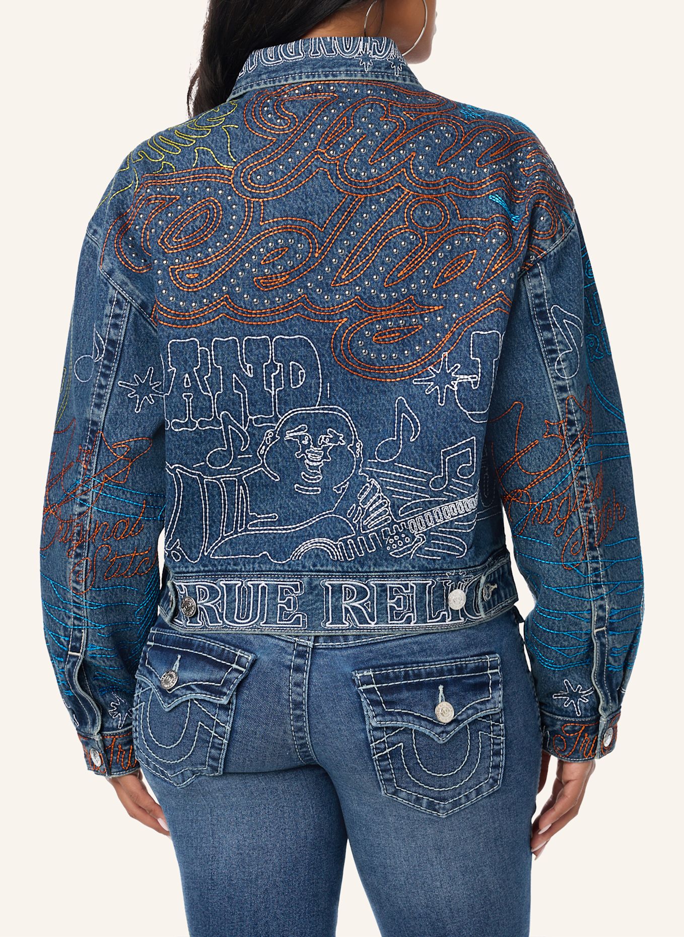 TRUE RELIGION Bestickte Jeansjacke: BLAU