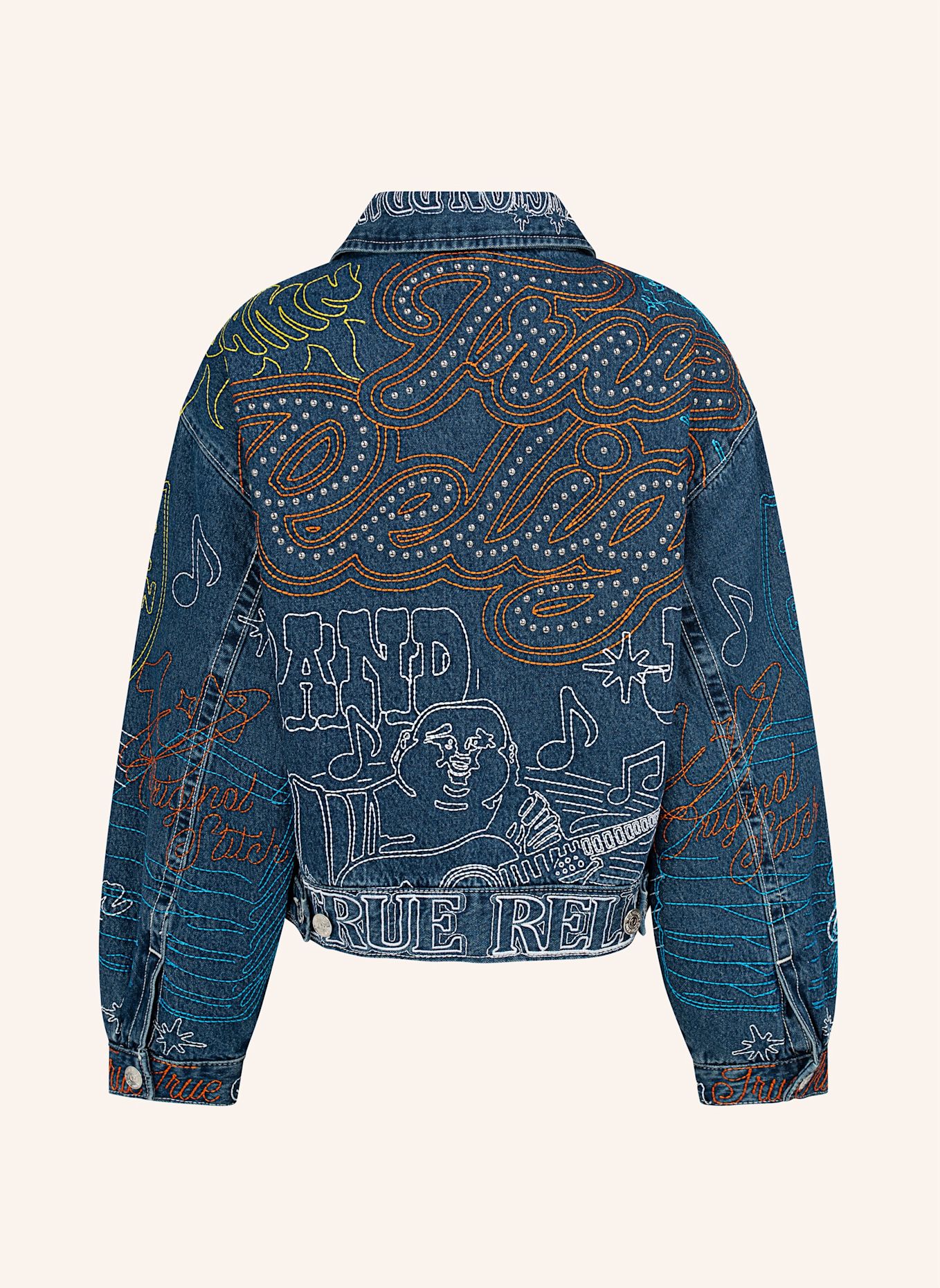 TRUE RELIGION Bestickte Jeansjacke: BLAU