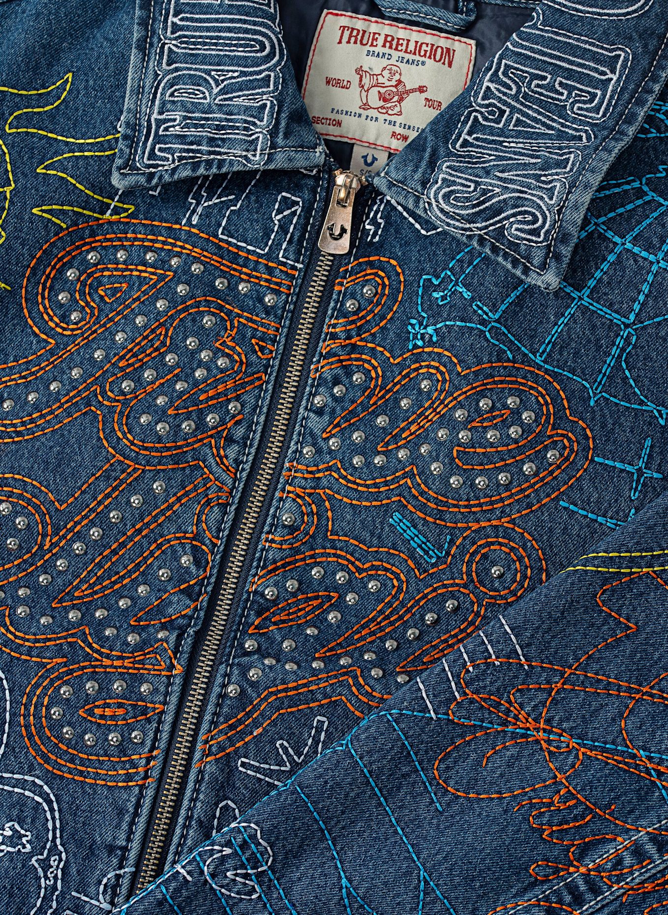 TRUE RELIGION Bestickte Jeansjacke: BLAU