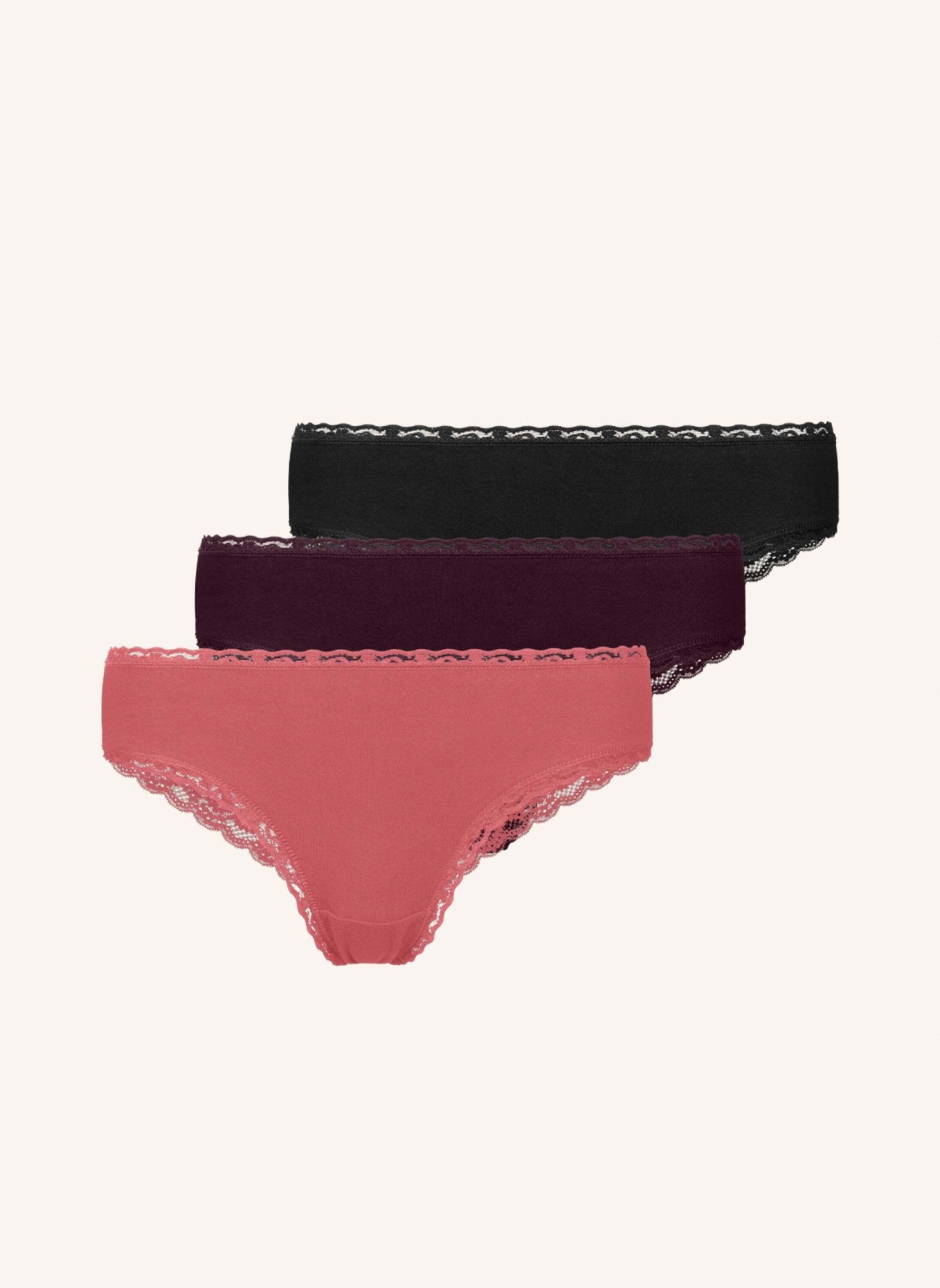 SNOCKS 3er-Pack Brazilian Slips mit Spitze, Farbe: LILA/ ROT/ SCHWARZ (Bild 1)