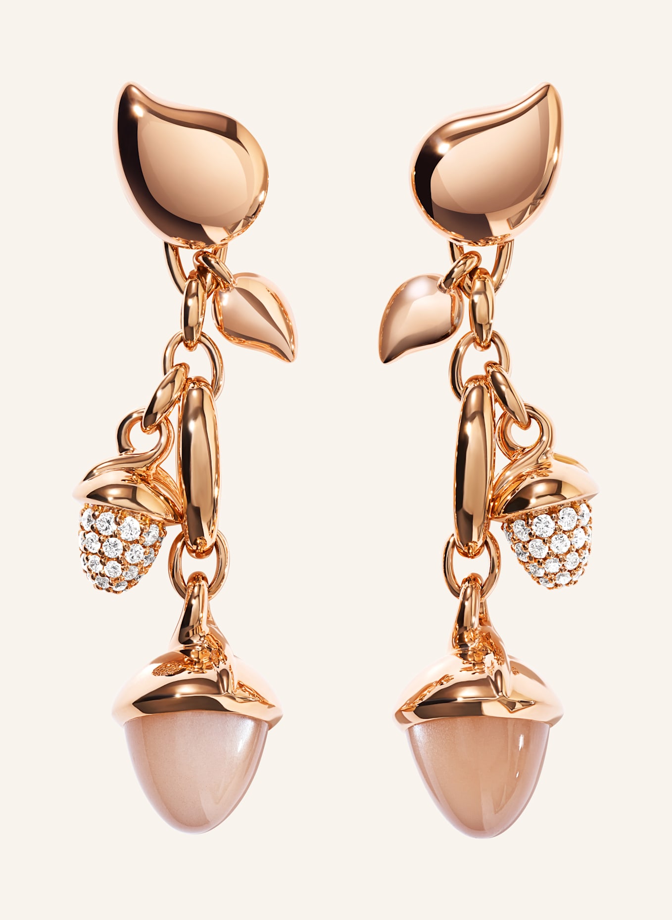 TAMARA COMOLLI Ohrringe OHRRINGE MIKADO DANGLING 2 ACORNS - 'CAMEL' WITH DIAMOND PAVÉ 18K Roségold: ROSÉGOLD