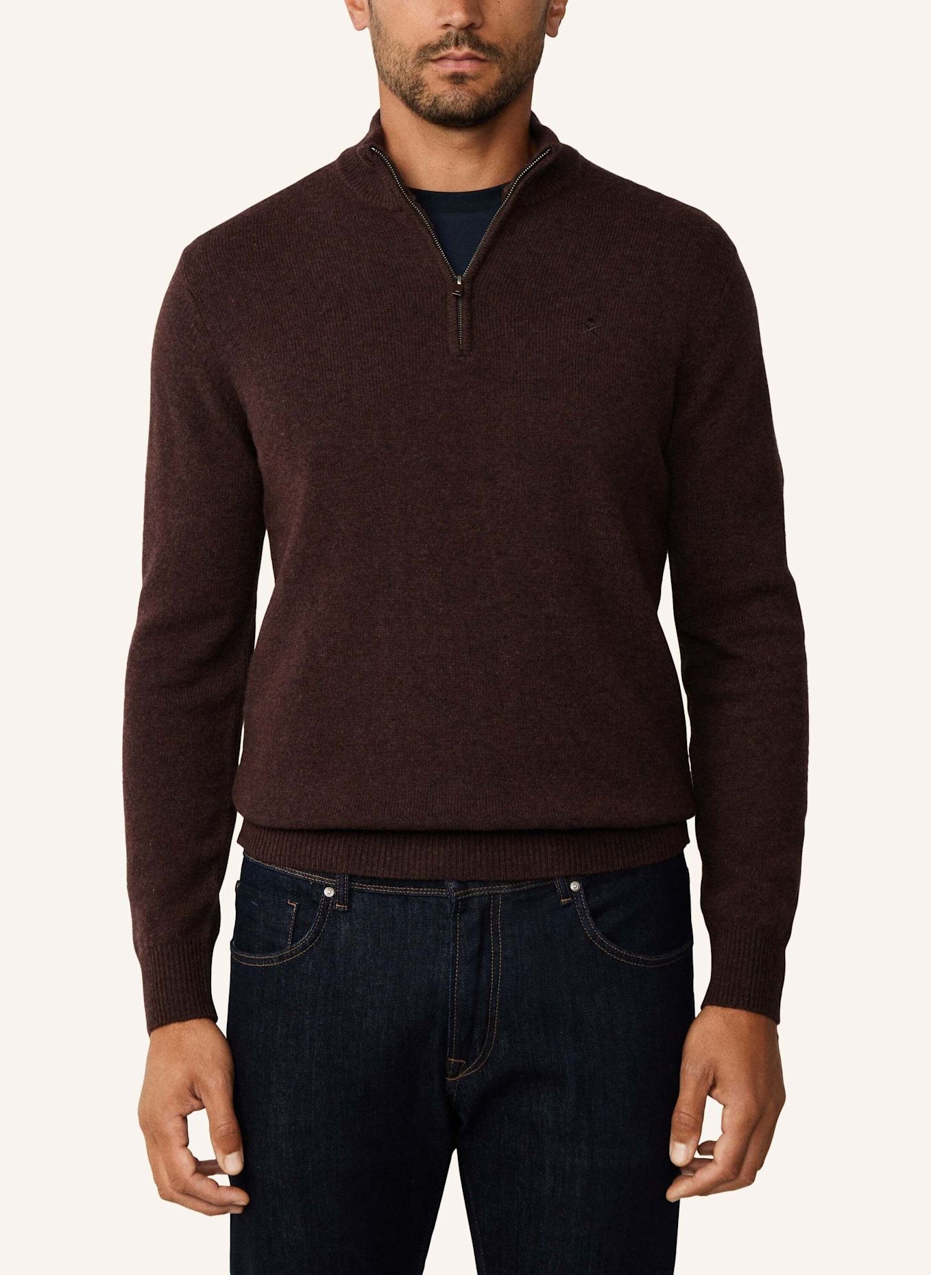 HACKETT LONDON Pullover LAMBSWOOL HZIP: DUNKELBRAUN