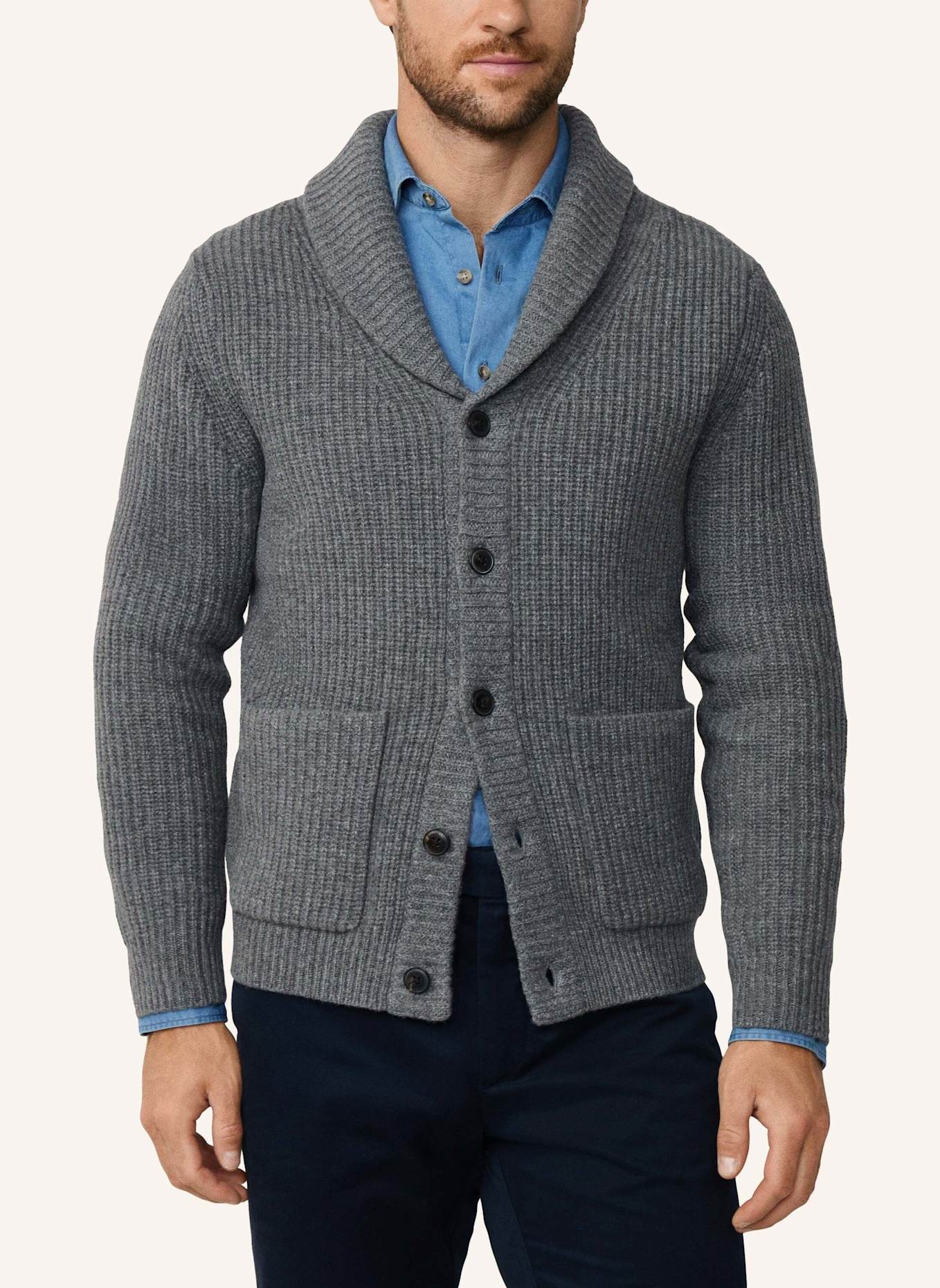 HACKETT LONDON Strickjacken Cardigan RIB SHAWL CARDI: GRAU