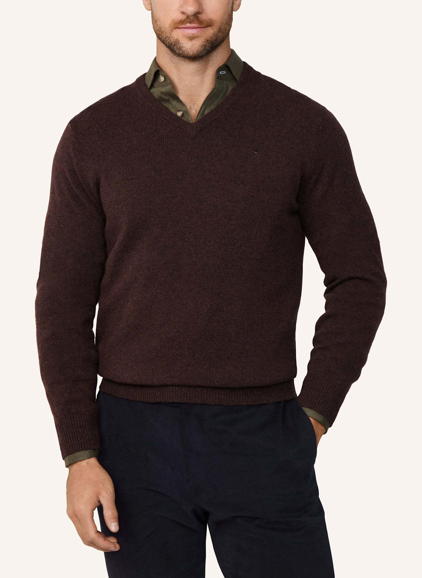 HACKETT LONDON Pullover LAMBSWOOL V NECK: DUNKELBRAUN