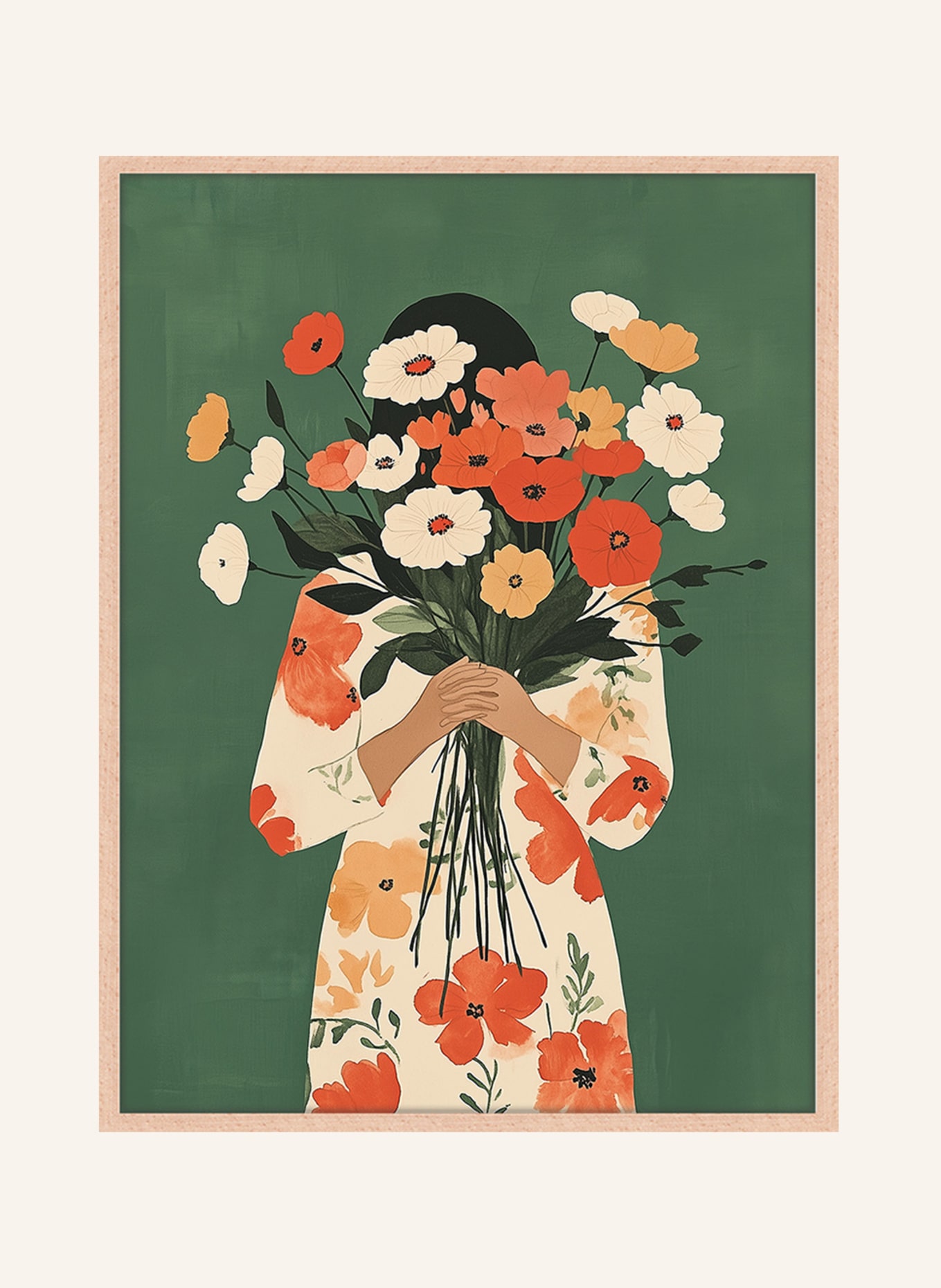 ANY IMAGE Wandbild BLUMEN AUF GRÜN mit Rahmen: HELLBRAUN