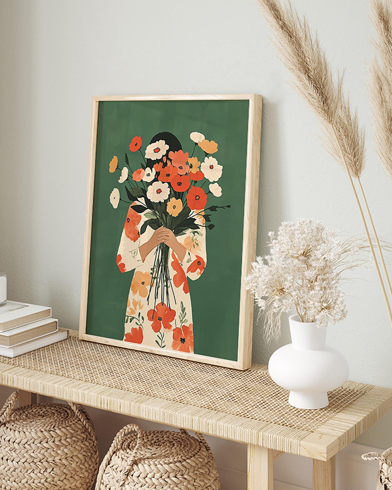 ANY IMAGE Wandbild BLUMEN AUF GRÜN mit Rahmen: HELLBRAUN