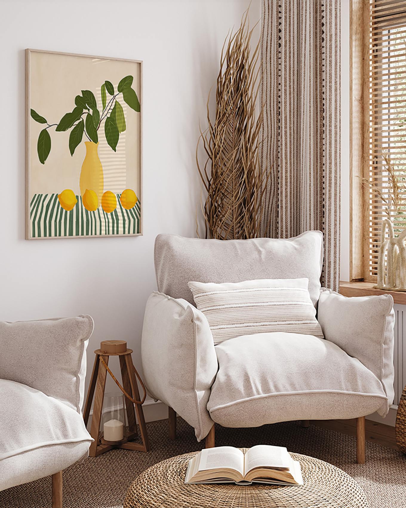 ANY IMAGE Wandbild ZITRONEN & STREIFEN mit Rahmen: HELLBRAUN