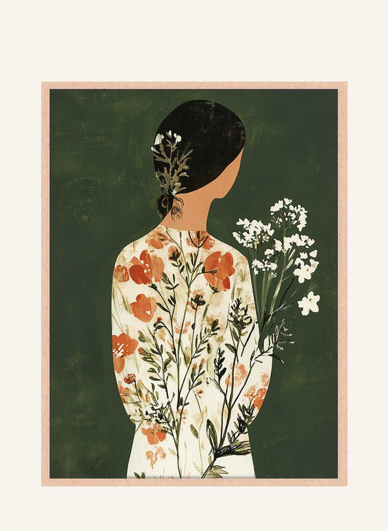 ANY IMAGE Wandbild GRÜNE JAPANDI-BLUMENDAME mit Rahmen: HELLBRAUN