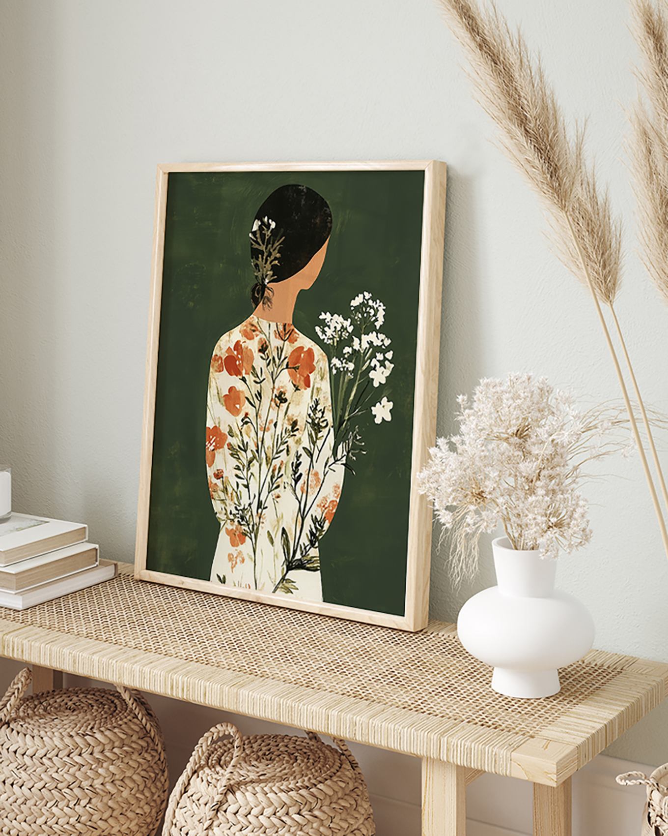 ANY IMAGE Wandbild GRÜNE JAPANDI-BLUMENDAME mit Rahmen: HELLBRAUN