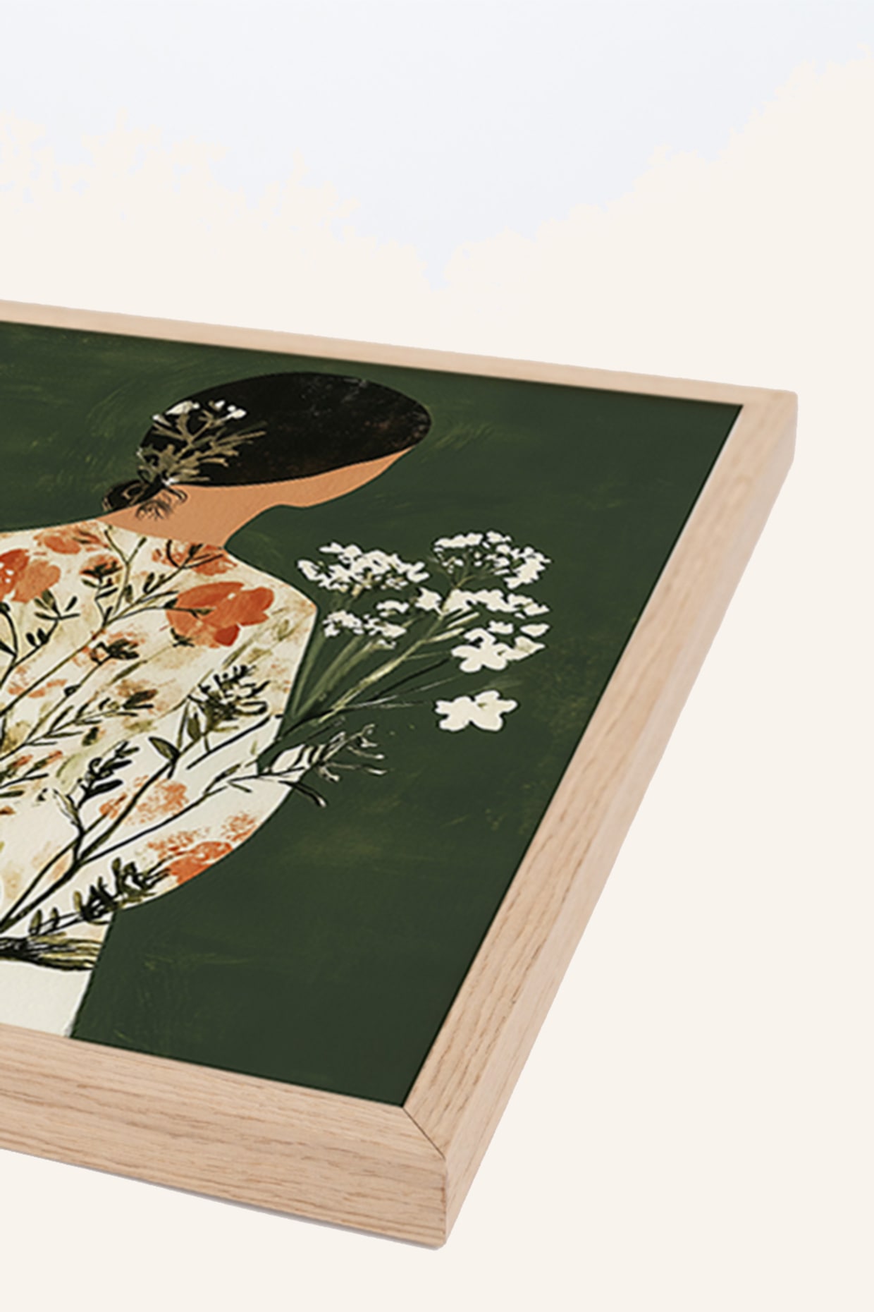 ANY IMAGE Wandbild GRÜNE JAPANDI-BLUMENDAME mit Rahmen: HELLBRAUN