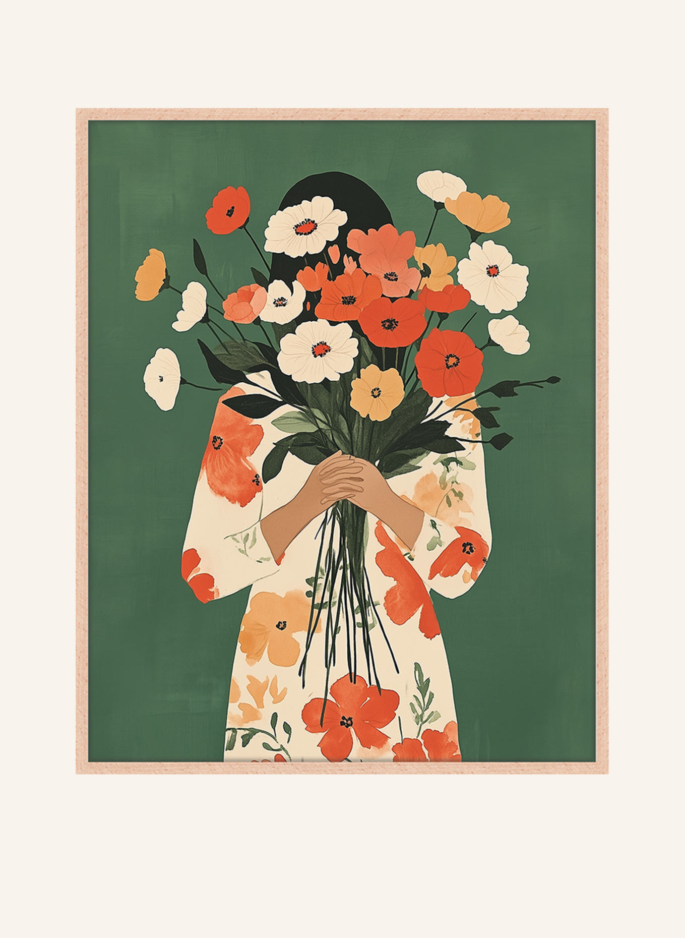 ANY IMAGE Wandbild BLUMEN AUF GRÜN mit Rahmen: HELLBRAUN