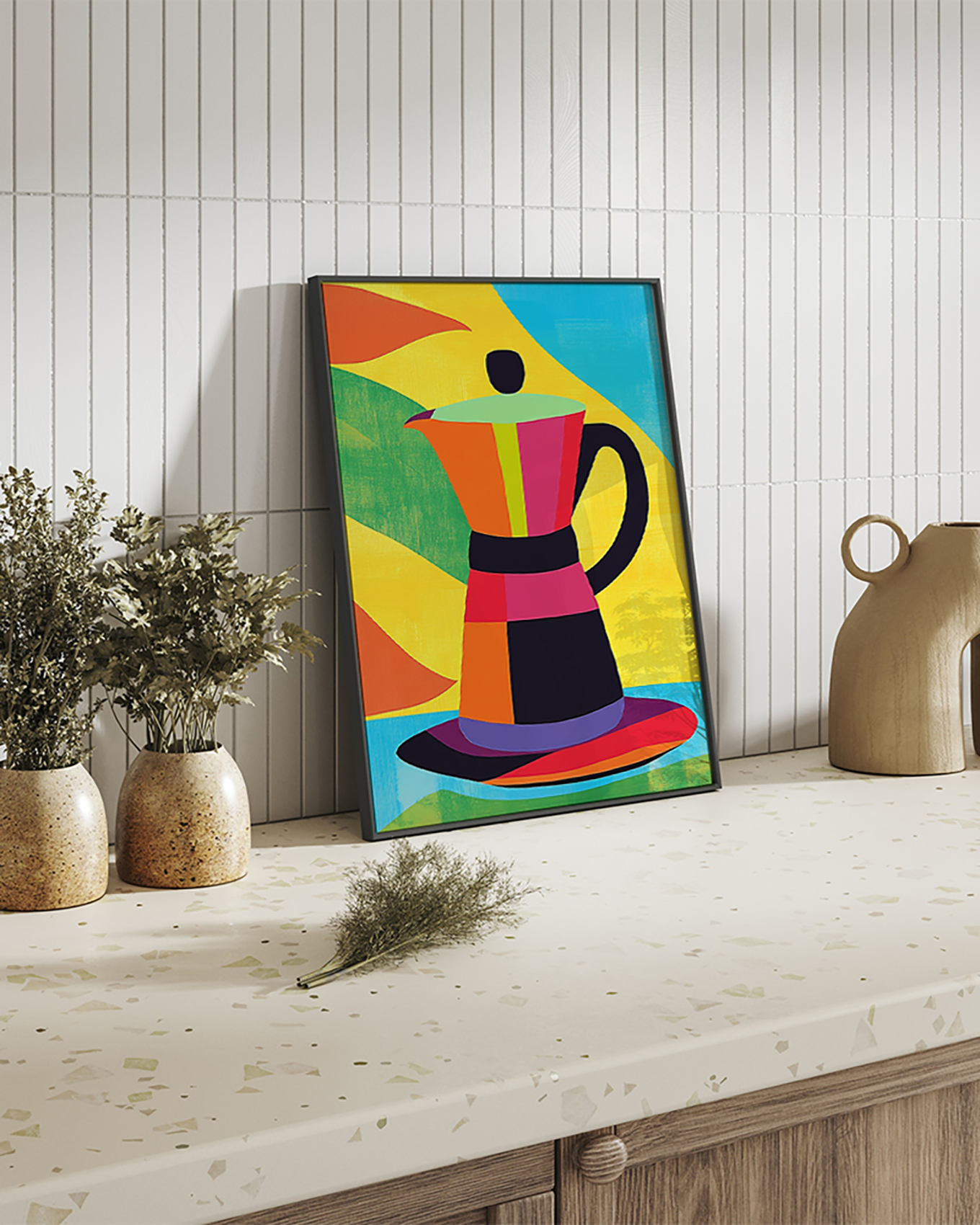 Liv Corday Wanddecoratie KLEURRIJKE RETRO-KOFFIEZETAPPARAAT met lijst: ZWART