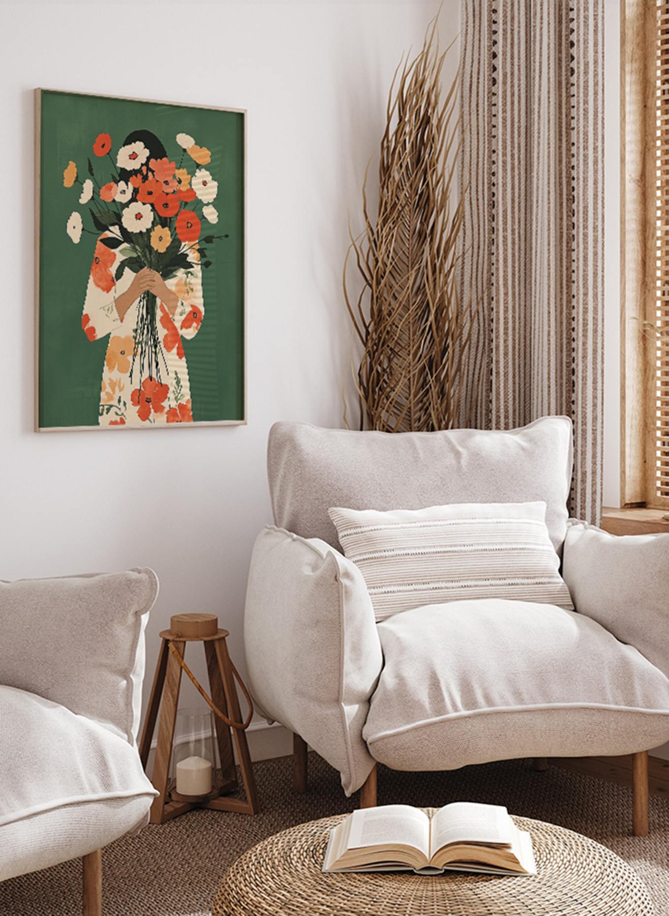 ANY IMAGE Wandbild BLUMEN AUF GRÜN mit Rahmen: HELLBRAUN