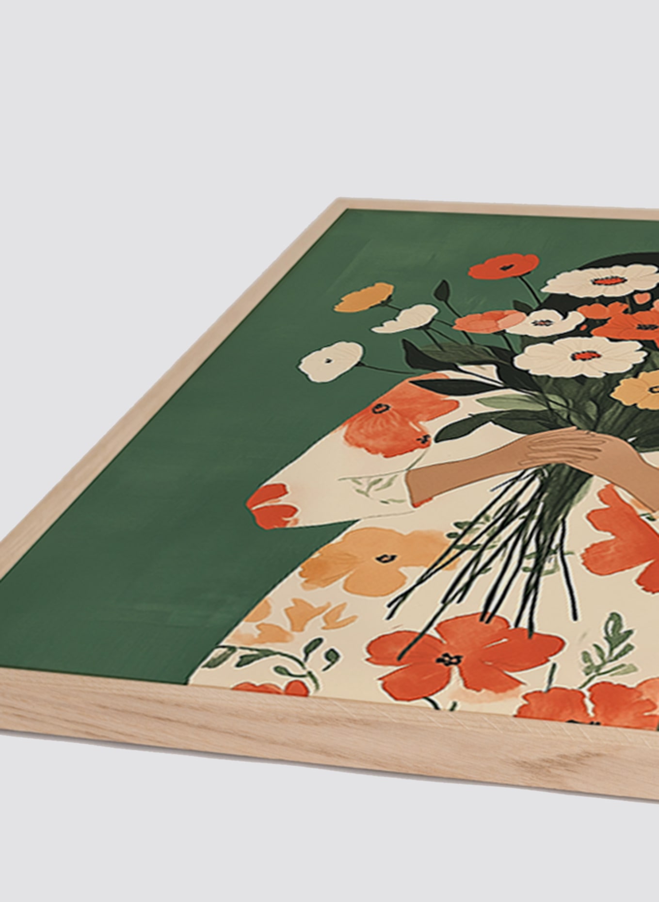 ANY IMAGE Wandbild BLUMEN AUF GRÜN mit Rahmen: HELLBRAUN