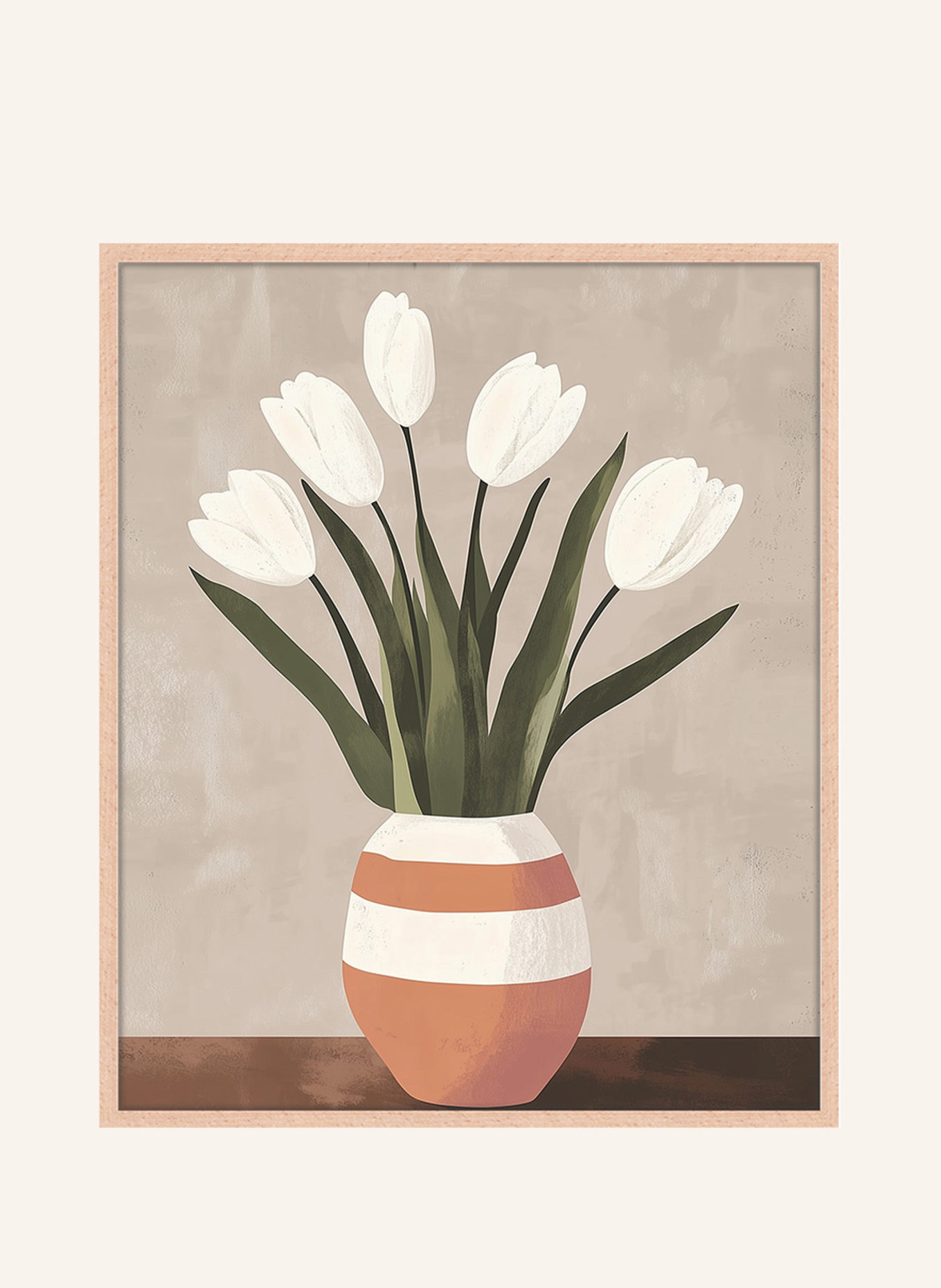 ANY IMAGE Wandbild WEIßE TULPEN BEIGE VASE mit Rahmen: HELLBRAUN