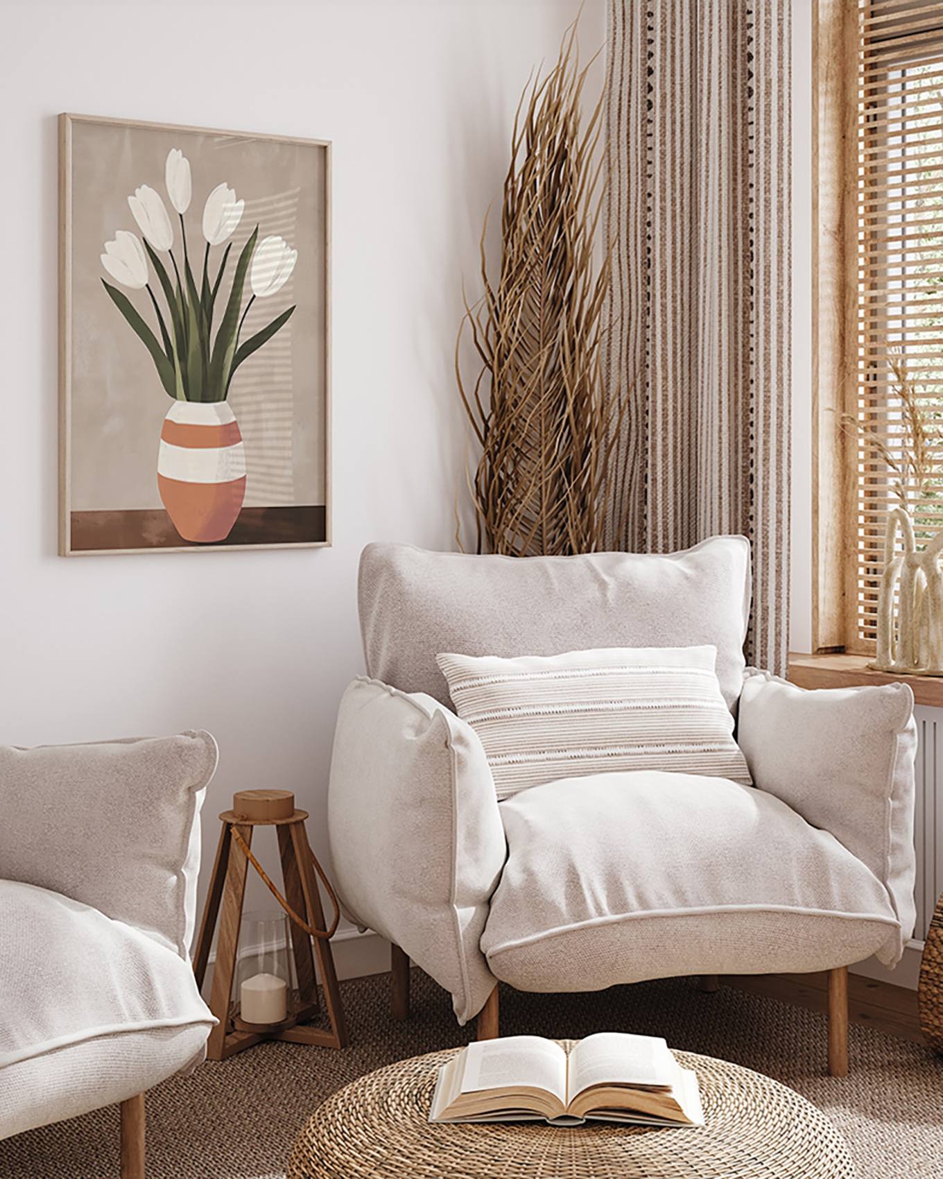 ANY IMAGE Wandbild WEIßE TULPEN BEIGE VASE mit Rahmen: HELLBRAUN