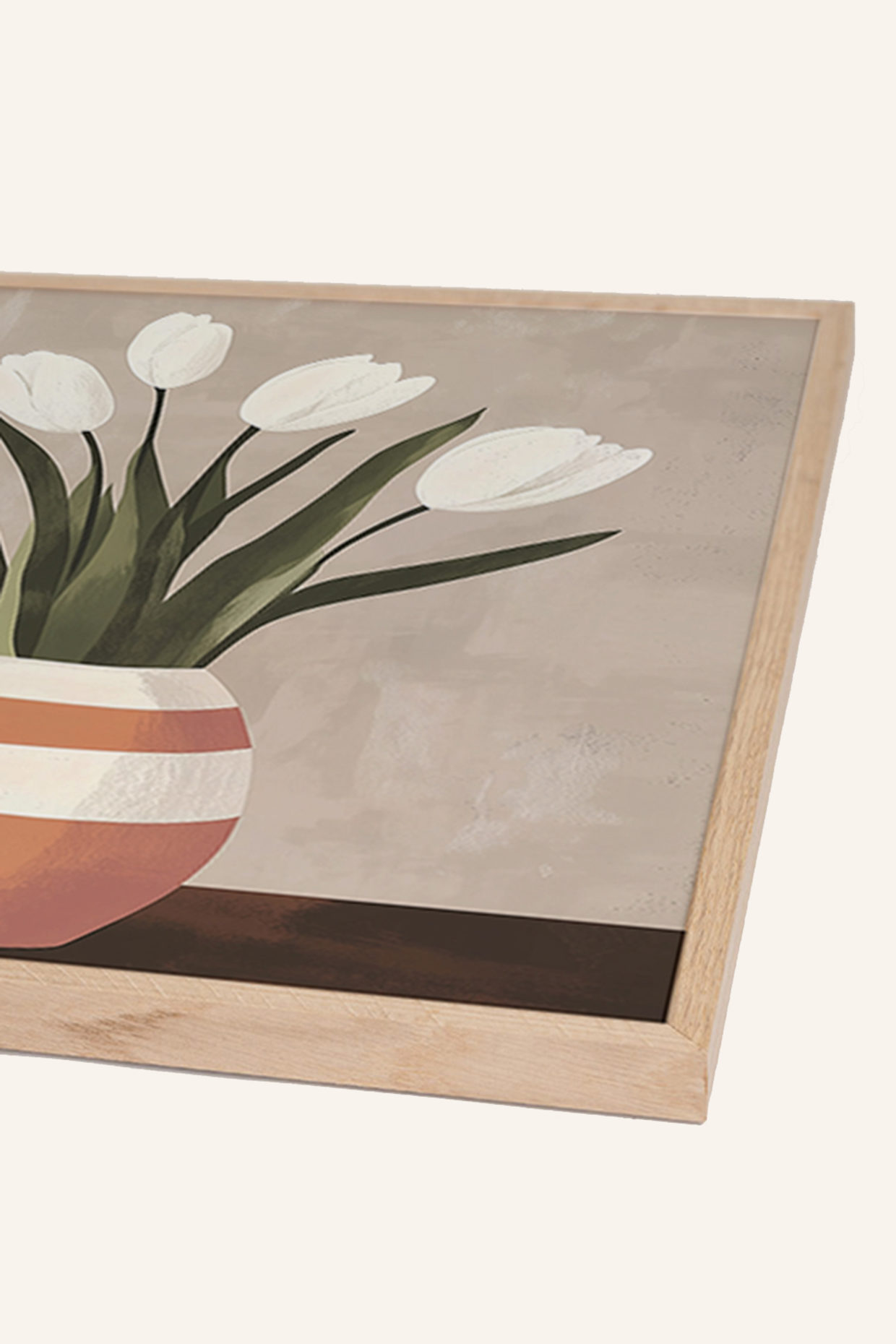 ANY IMAGE Wandbild WEIßE TULPEN BEIGE VASE mit Rahmen: HELLBRAUN