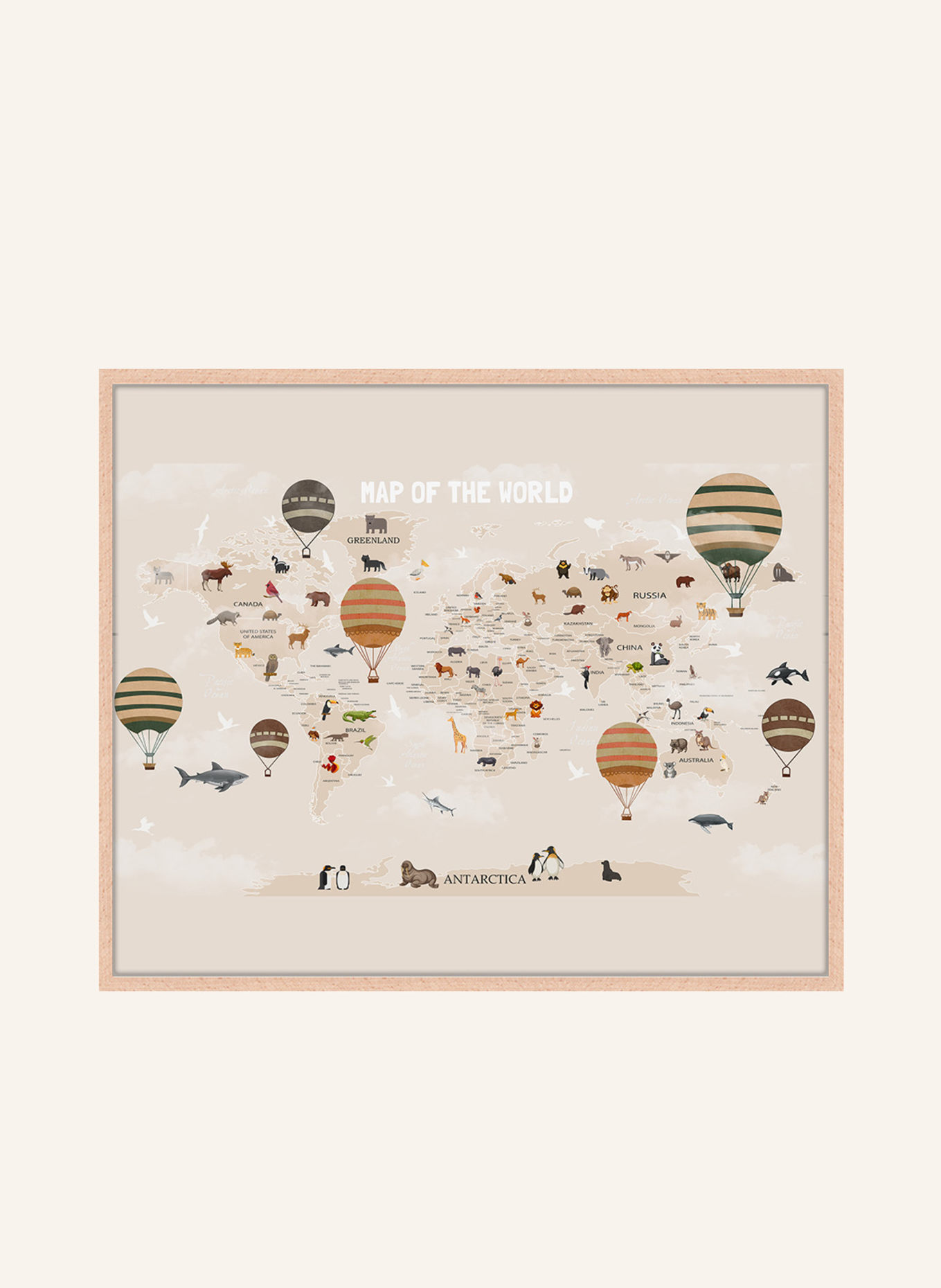 Milan Moon Wandbild WELTKARTE mit Rahmen: HELLBRAUN