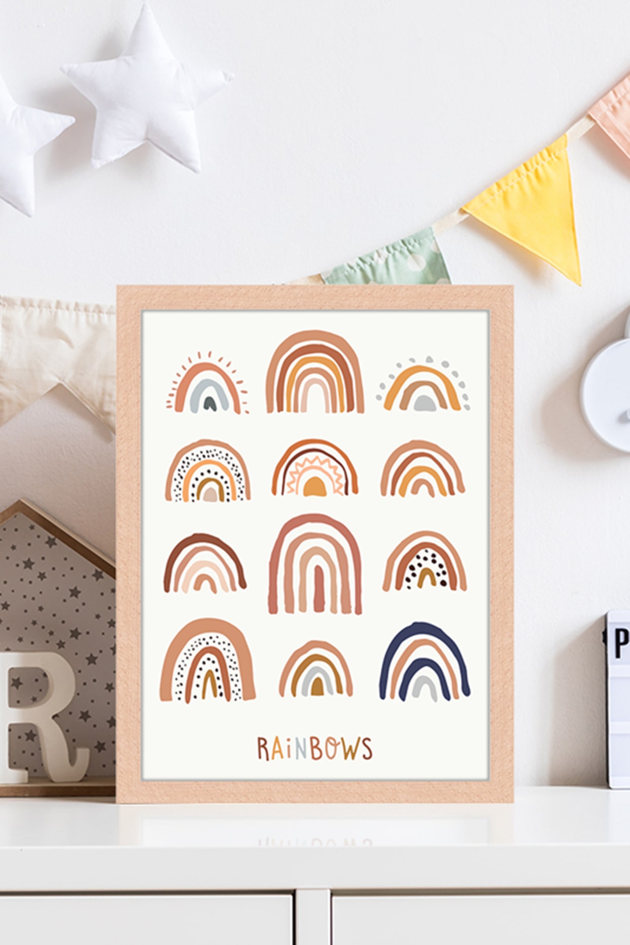 Milan Moon Wandbild ALLE REGENBÖGEN mit Rahmen: HELLBRAUN