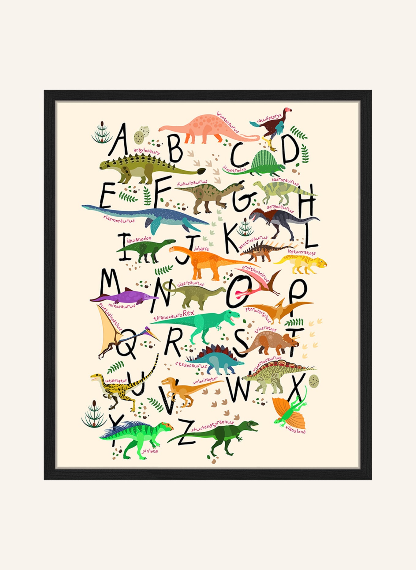 Milan Moon Wandbild DINOSAURIER-ALPHABET mit Rahmen: SCHWARZ