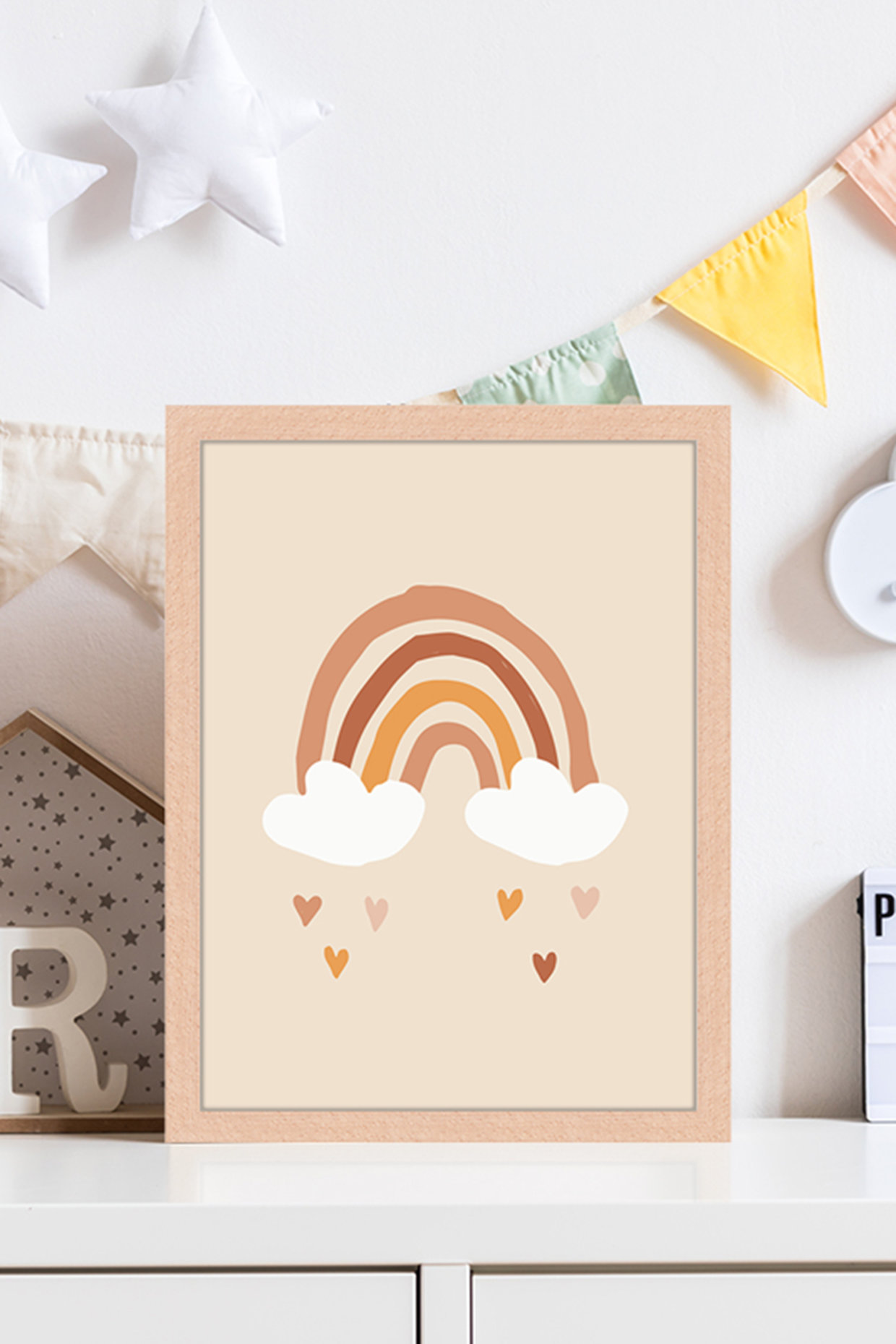 Milan Moon Wandbild ICH LIEBE REGENBÖGEN mit Rahmen: HELLBRAUN