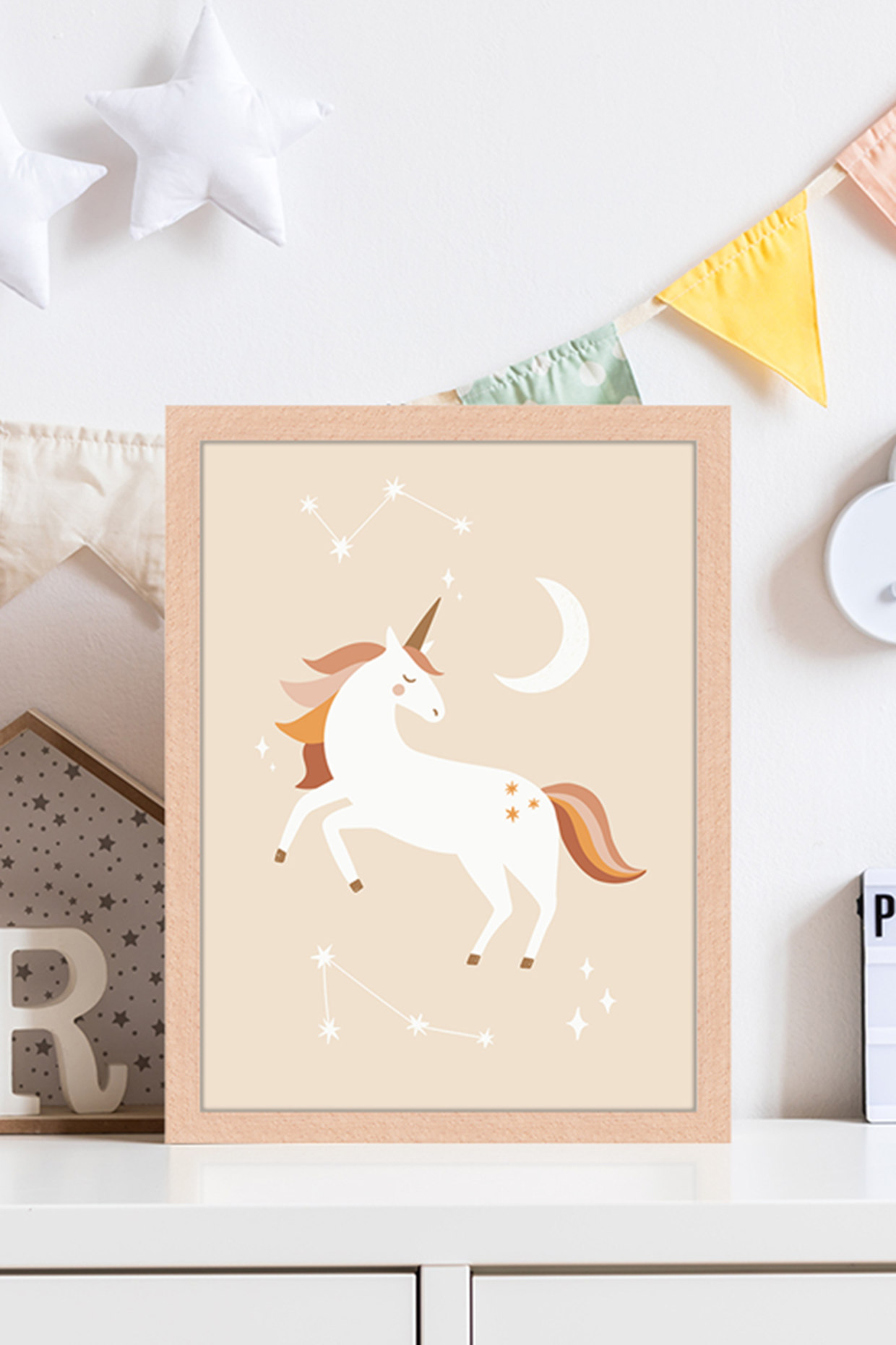 Milan Moon Wandbild ICH LIEBE EINHÖRNER mit Rahmen: HELLBRAUN