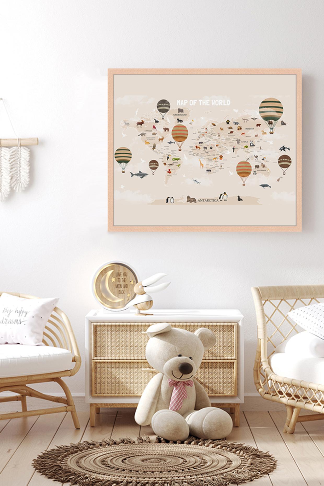 Milan Moon Wandbild WELTKARTE mit Rahmen: HELLBRAUN