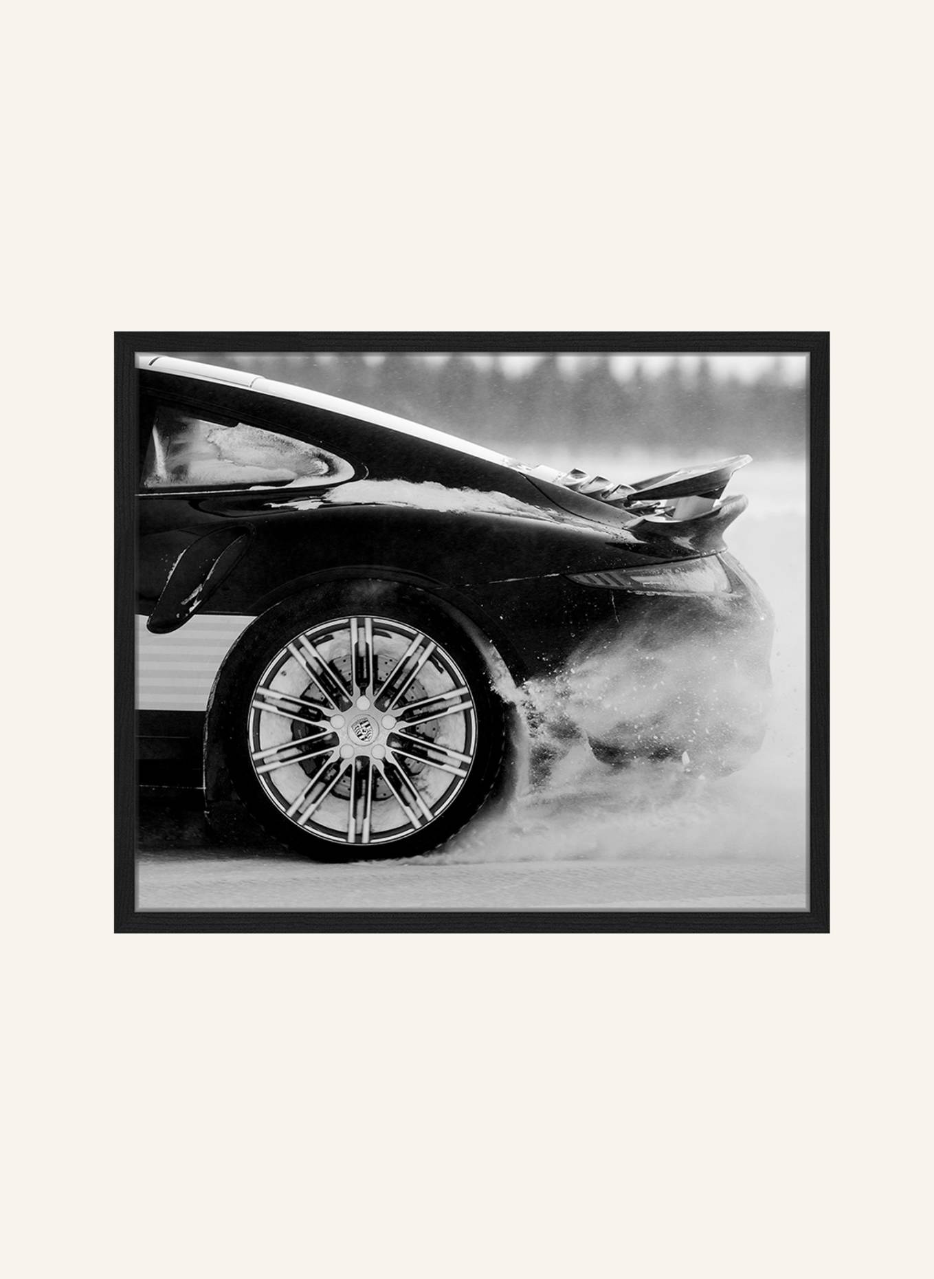 JACOB BADEN Wandbild PORSCHE SCHNEE DRIFT mit Rahmen: SCHWARZ