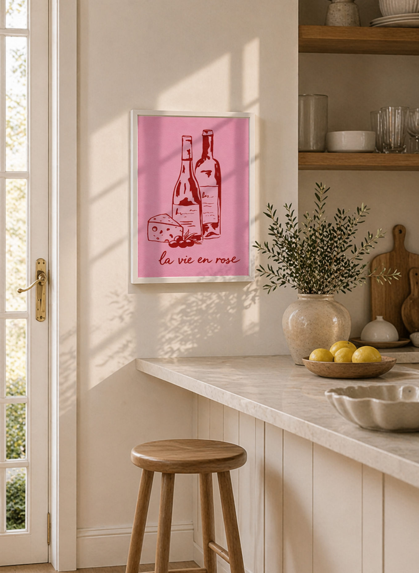 Liv Corday Wandbild WEIN MIT KÄSE mit Rahmen: WEISS