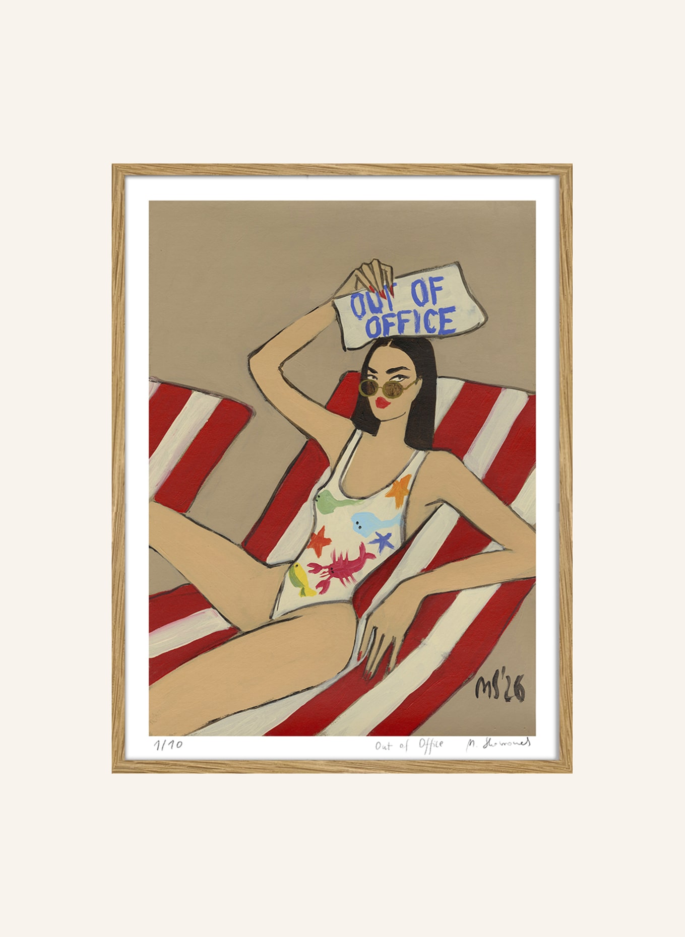 MARTAS ILLUSTRATION Limited-Edition "OUT OF OFFICE" Artwork with Frame: ECRU
