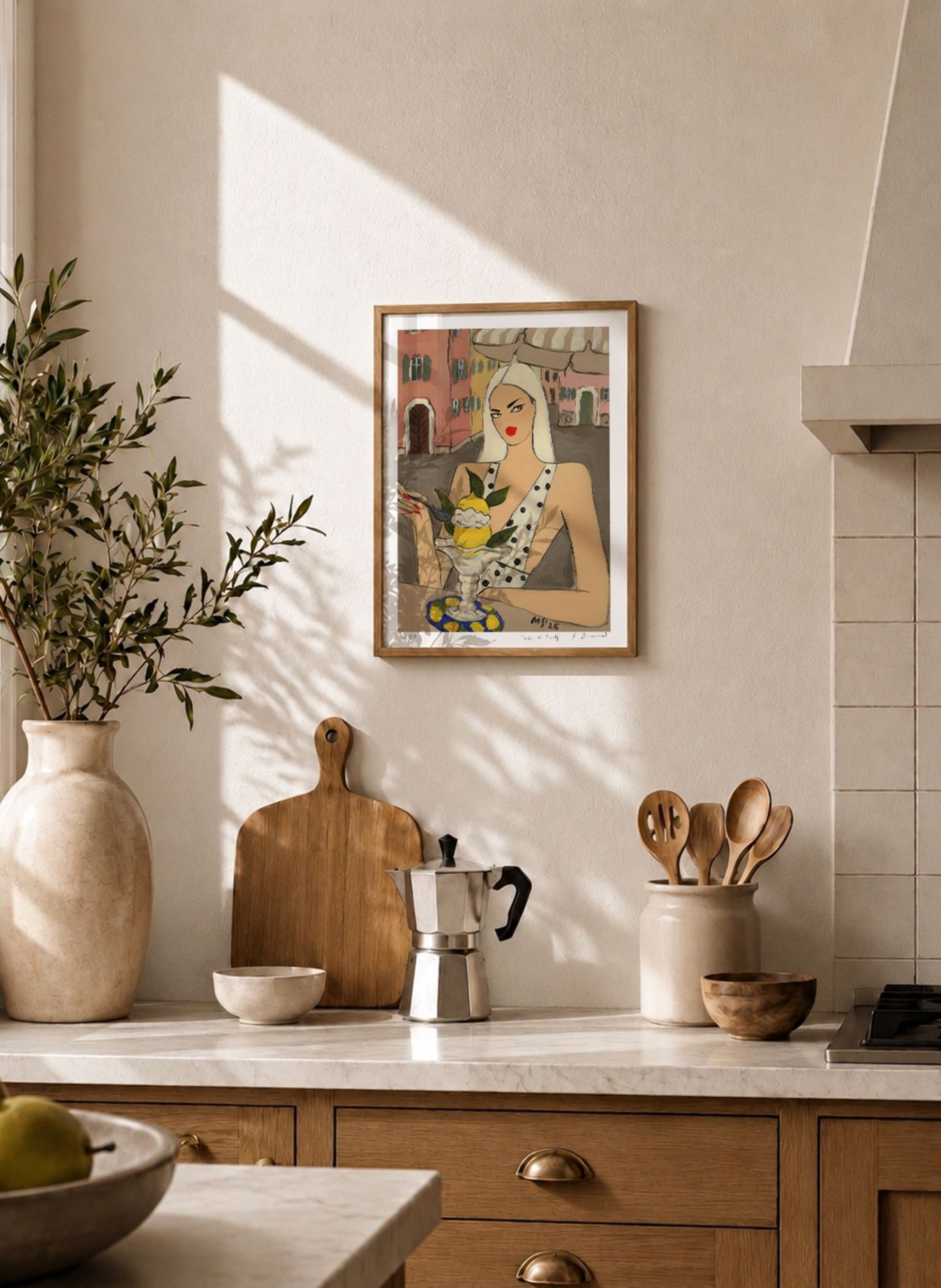 MARTAS ILLUSTRATION Kunstwerk in beperkte oplage ‘TASTE OF AMALFI’ met lijst: ECRU