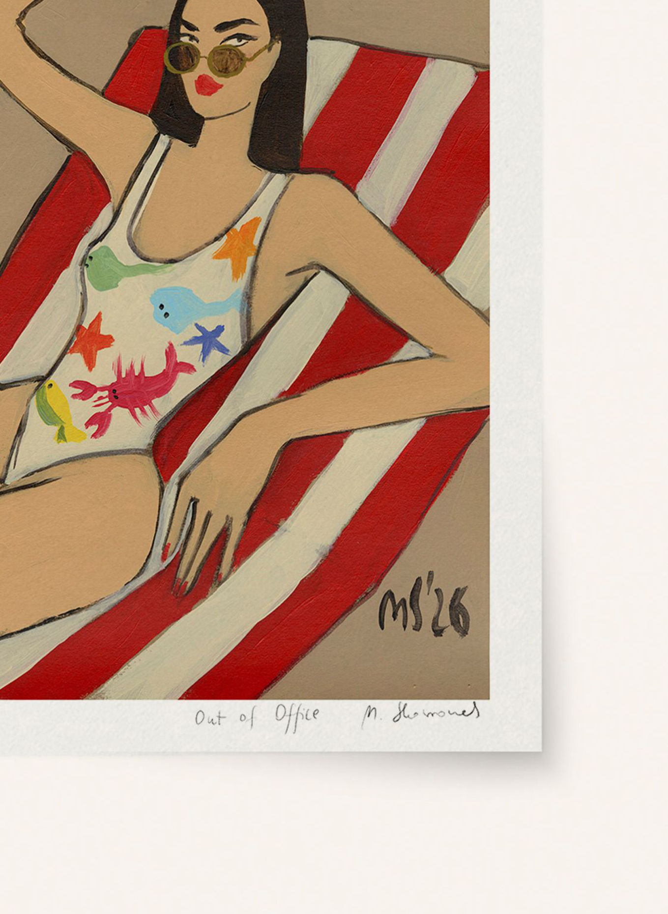 MARTAS ILLUSTRATION Limited-Edition "OUT OF OFFICE" Artwork with Frame: ECRU